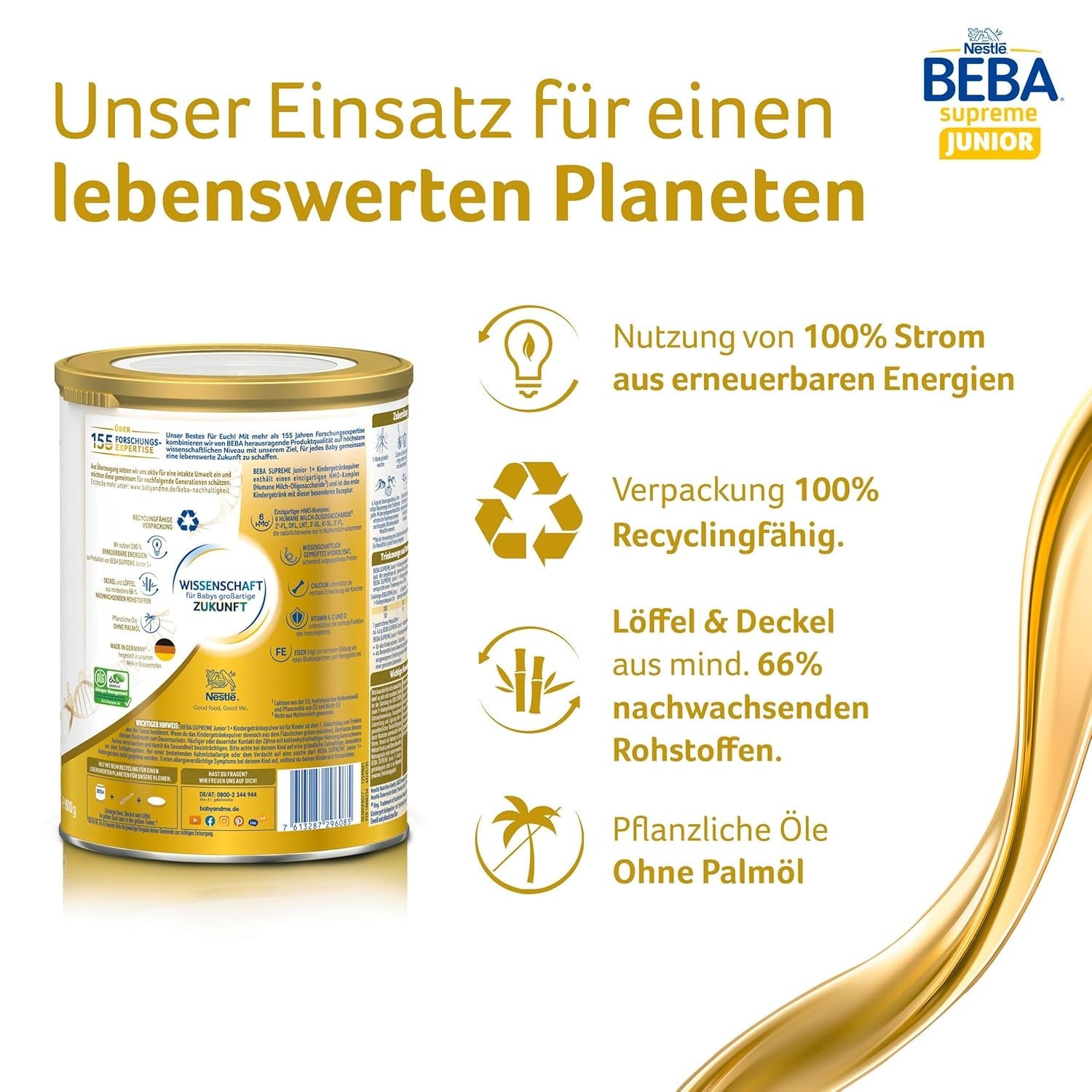 BEBA SUPREME JUNIOR 1 Plus – Getränk für Kinder ab 1 Jahr, mit Komplex 6 HMO, laktosefrei, palmölfrei, fischölfrei, Nahrung für Kleinkinder, Babymilchpulver, 6er Pack (6 x 800g)