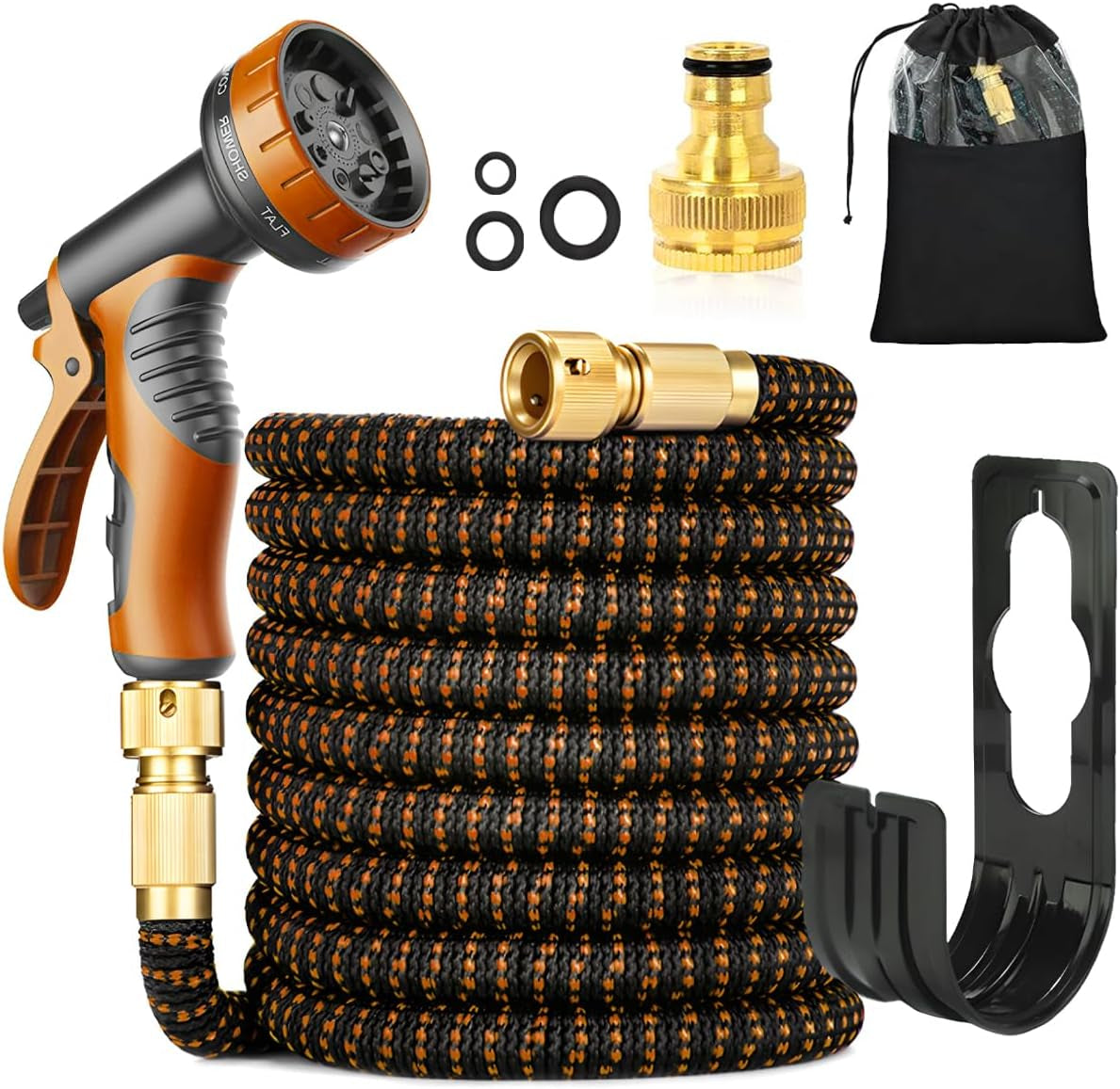 30 m/100 Fuß grüner, flexibler Gartenschlauch mit Sprühdüse und 3/4 Zoll und 1/2 Zoll Messinganschlüssen, 10 Funktionen, 3-fach ausziehbar, kein Knick, ausziehbarer Wasserschlauch für Garten, Boden, Terrasse, Auto