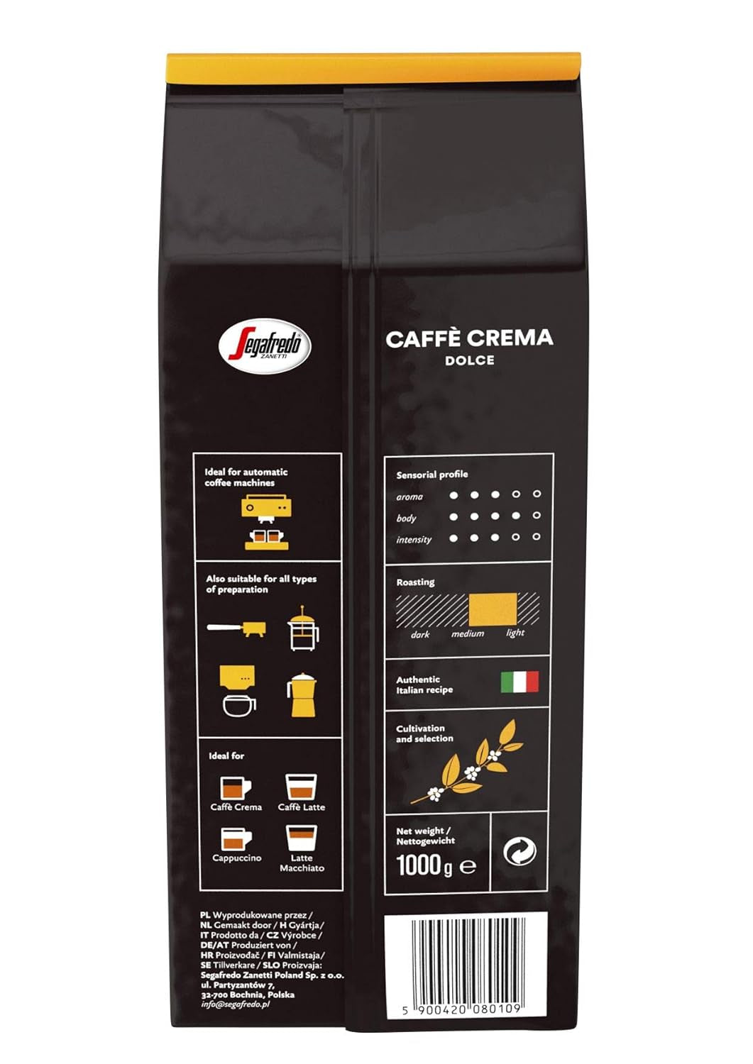 Segafredo Zanetti Caffè Crema Dolce – Ganze Bohnen (1-kg-Packung) – Geeignet für Caffè Crema – Leicht bis mittel geröstete Kaffeebohnen mit mildem und ausgewogenem Geschmack (2er-Pack)