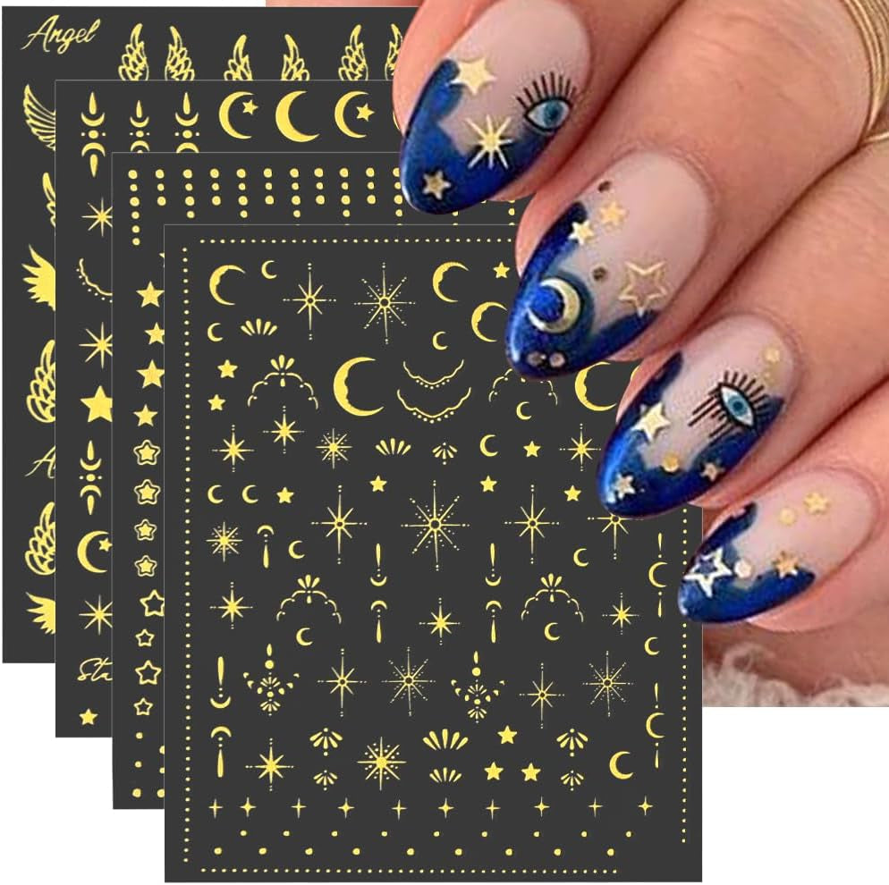 8 Blatt goldene Mond- und Sterne-Nagelkunstaufkleber, Engelsflügel, hellbraune goldene Nagelaufkleber, Sterne, Nagelfolien, selbstklebende Nagelaufkleber, Nageldesign-Zubehör, Nagelaufkleber