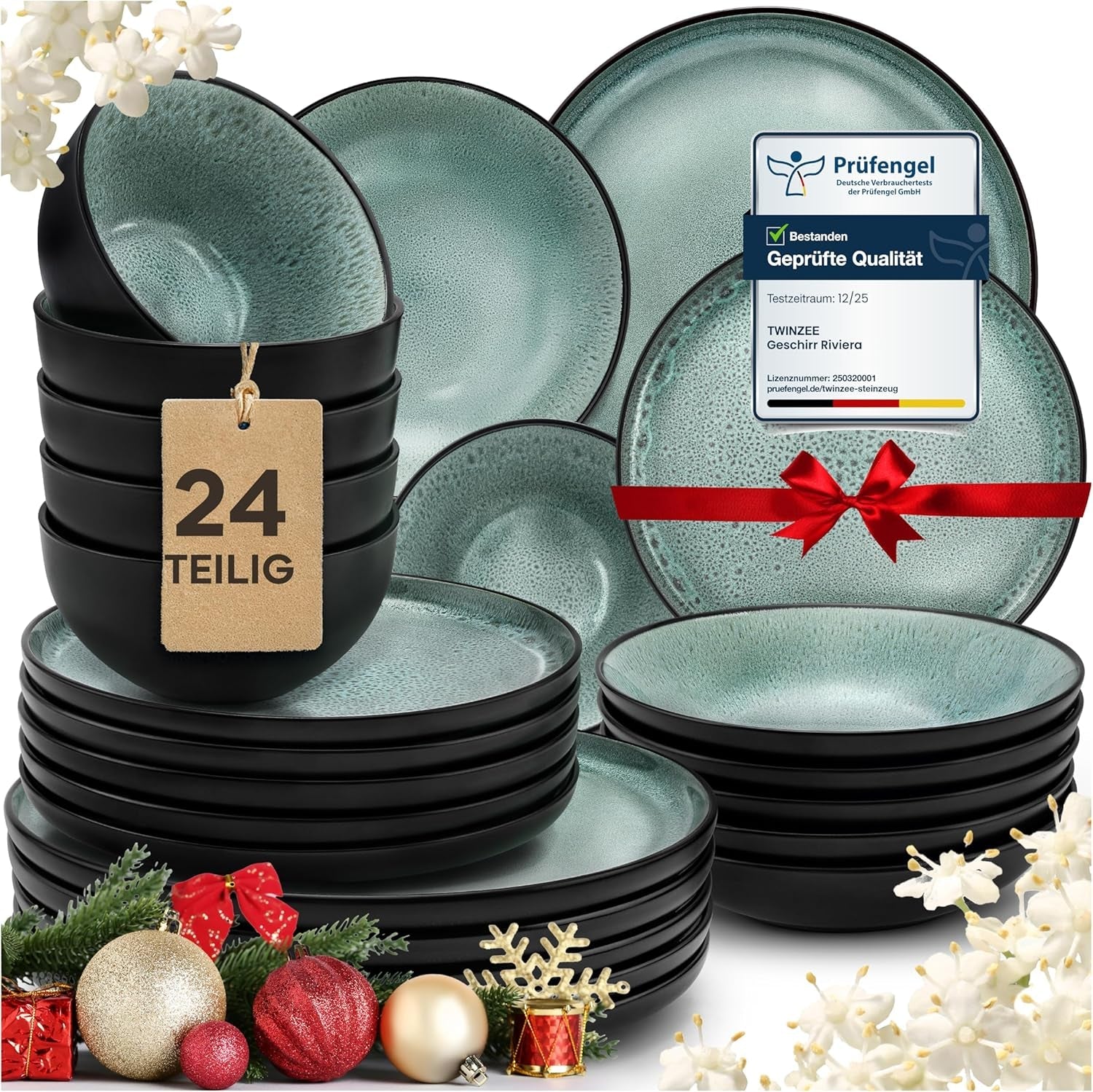 Twinzee 24-teiliges Steinzeug-Geschirrset für 6 Personen – Schüssel- und Teller-Set – mikrowellengeeignetes Steingut – Riviera-Kollektion