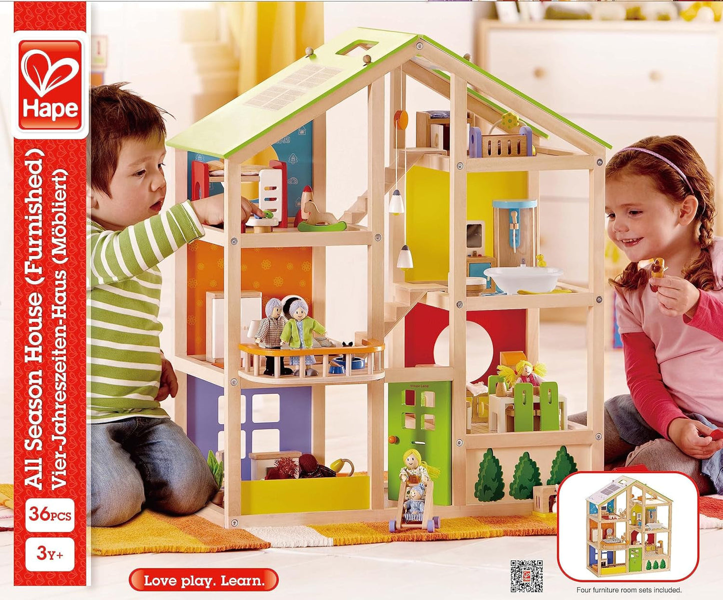 Hape Four Seasons Puppenhaus – preisgekröntes dreistöckiges Puppenhaus aus Holz mit Möbeln, Zubehör, Schiebetreppe und Wendedach für alle Jahreszeiten, für Kinder ab 3 Jahren