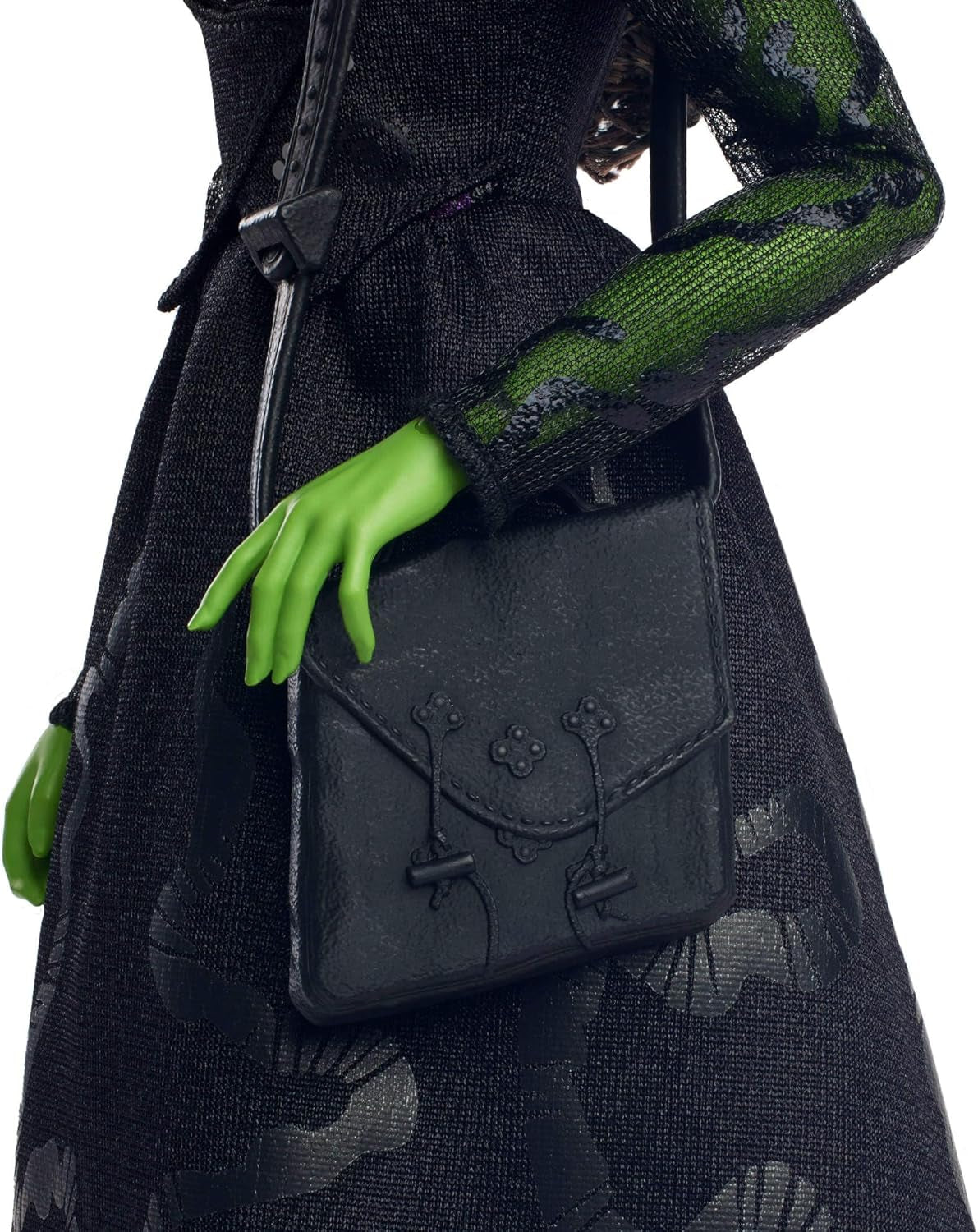Mattel Wicked Elphaba Modepuppe und Zubehör mit grüner Haut, schwarzem geflochtenem Haar, verschiedenen möglichen Posen und abnehmbarem Ballkleid-Aussehen, HXT62, [Mehrfarbig]