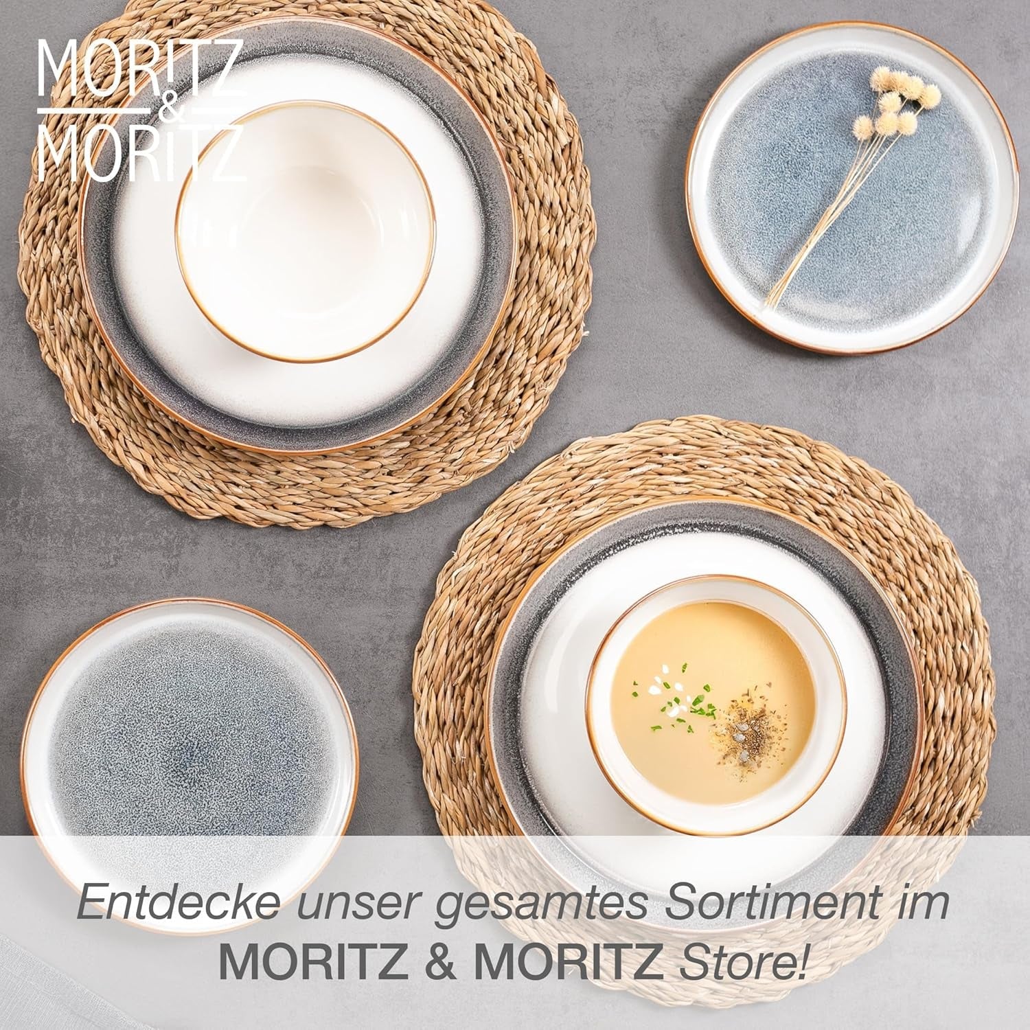 Moritz & Moritz TARENTO 24-teiliges Tafelservice für 6 Personen, Grau – Elegantes Tellerset aus hochwertigem Steingut – Das Tafelservice besteht aus 6 Speisetellern, 6 Desserttellern, 6 Speisetellern und 6 Tassen