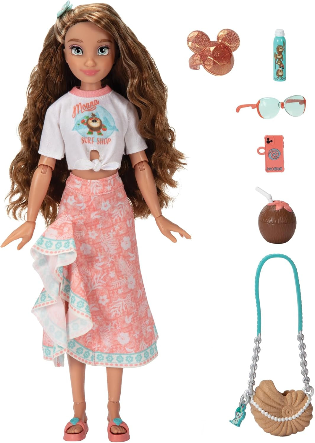 Vaiana-Puppe mit Zubehör, 29 cm, 13 Artikulationspunkte, offiziell lizenziert von Jakks Pacific. Komplett mit kombinierbaren Accessoires und einem funkelnden Mickey-Ring!