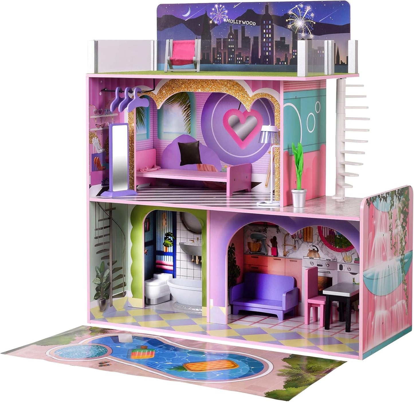 Olivia's Little World Big Dreamland Sunset Zeitgenössisches interaktives Holzpuppenhaus für Kinder, 3 Etagen mit 16 Puppenmöbelzubehör, Multi TD-13616A Puppenhäuser Naty Shop Standardtitel
