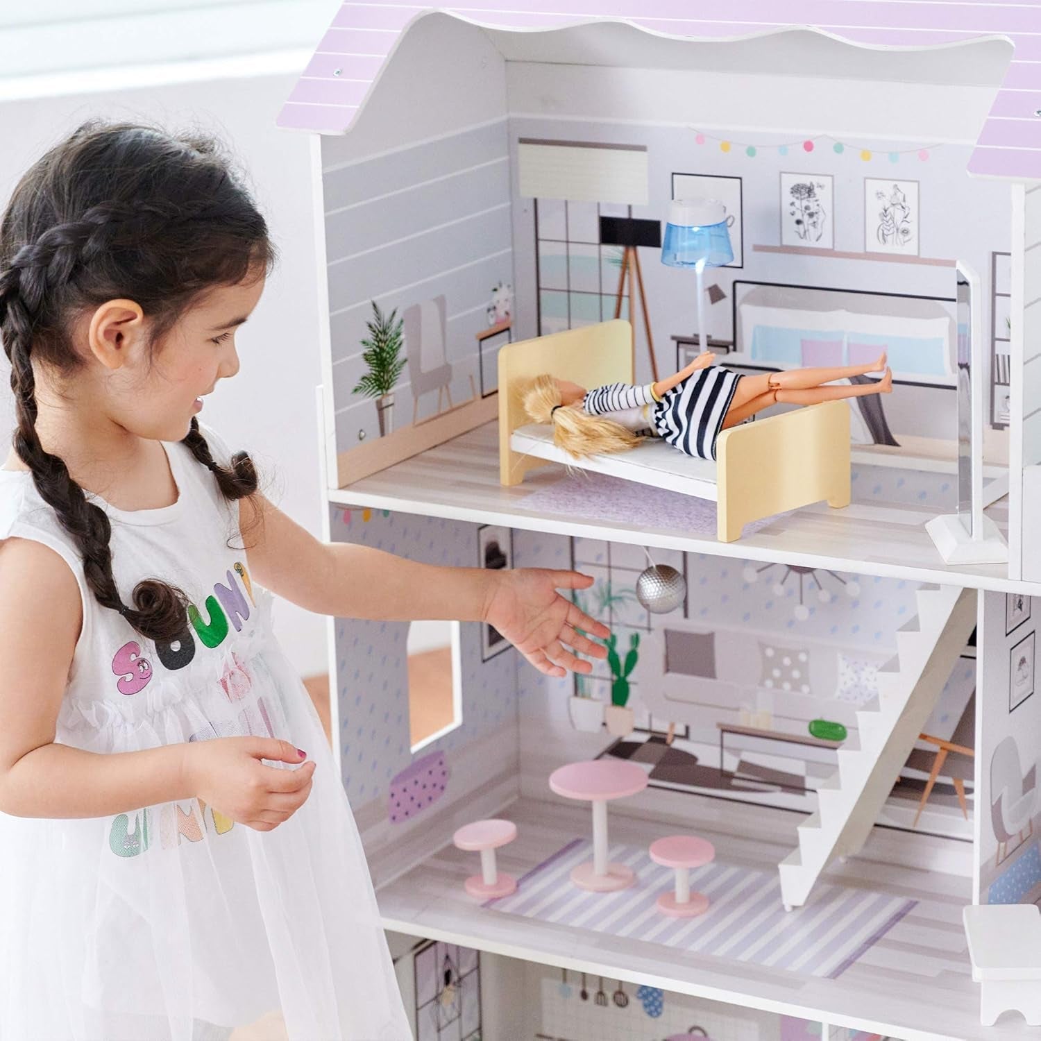 Teamson Kids Olivia's Little World Riesenpuppenhaus mit 16 Puppenzubehörteilen, Puppenhaus aus Holz mit Möbeln, 3-stöckig, 30 cm großes Puppenhaus für Kinder ab 3 Jahren