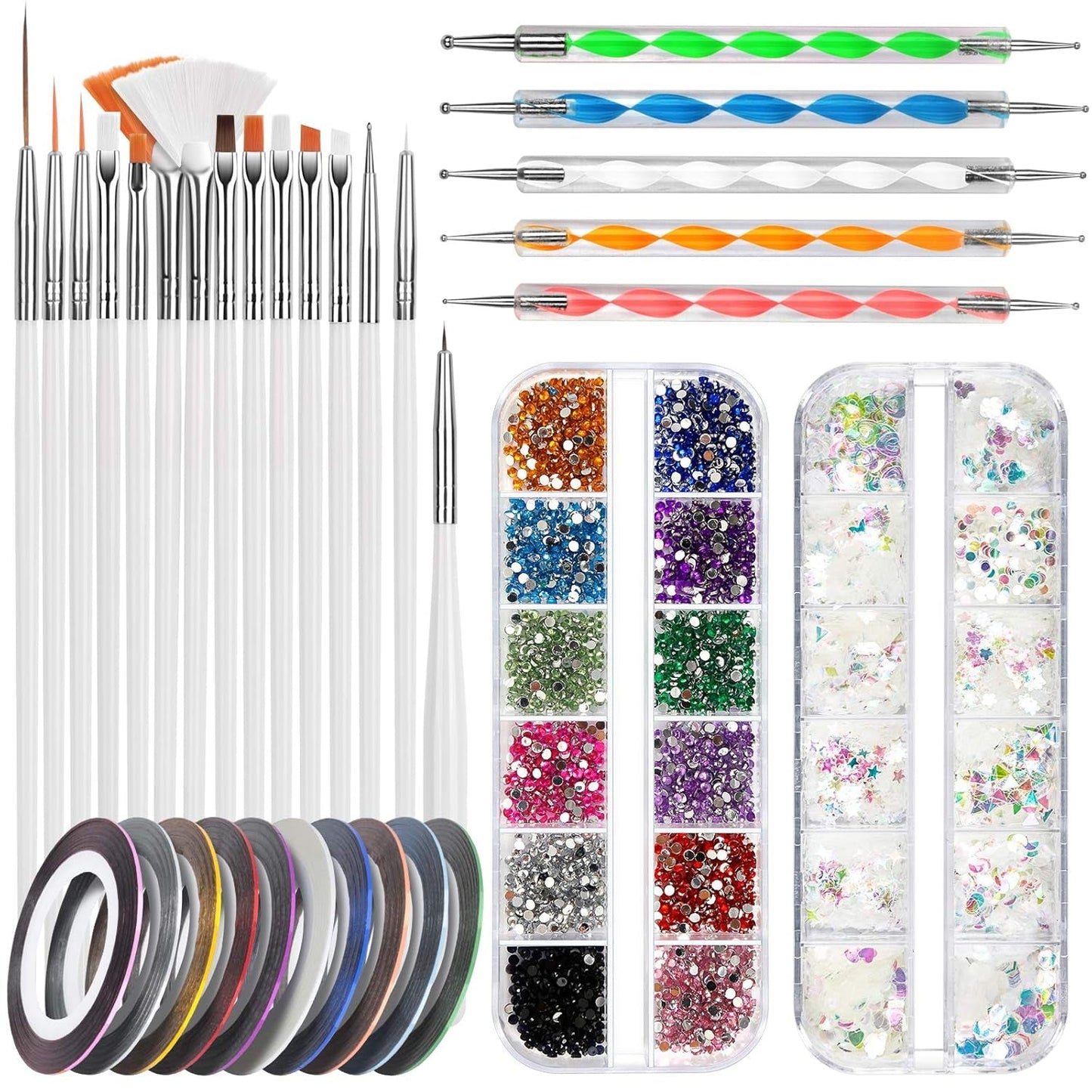 FANDAMEI Nail Art Pinsel Set, 15 Stücke Pinsel Für Gelnägel Nagel Pinsel, 5 Stücke Gepunkteter Stift, 10 Rolle Streifenband Nägel, Strasssteine ​​​​Nägel, Ultra Dünne Nagel Pailletten Für Nagelkunst Maniküre Set