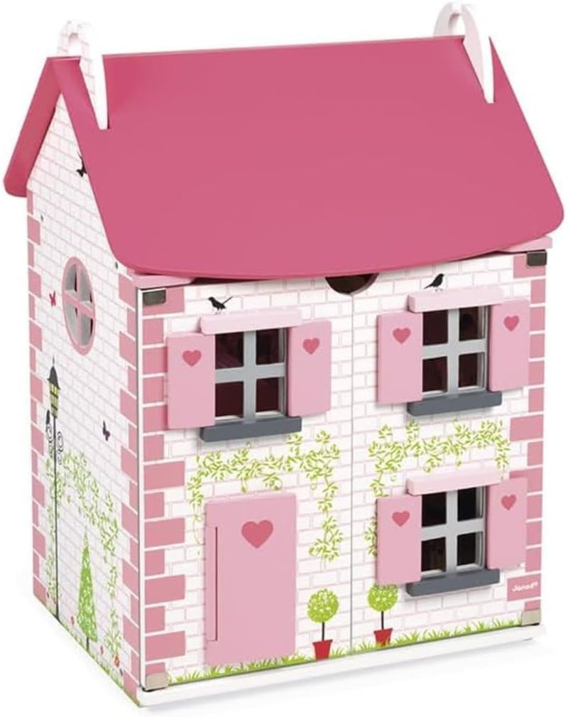Janod Mademoiselle 3-stöckiges Puppenhaus aus Holz mit 11 Zubehörteilen, Spielzeugnachbildung, fördert die Fantasie, ab 3 Jahren, J06581