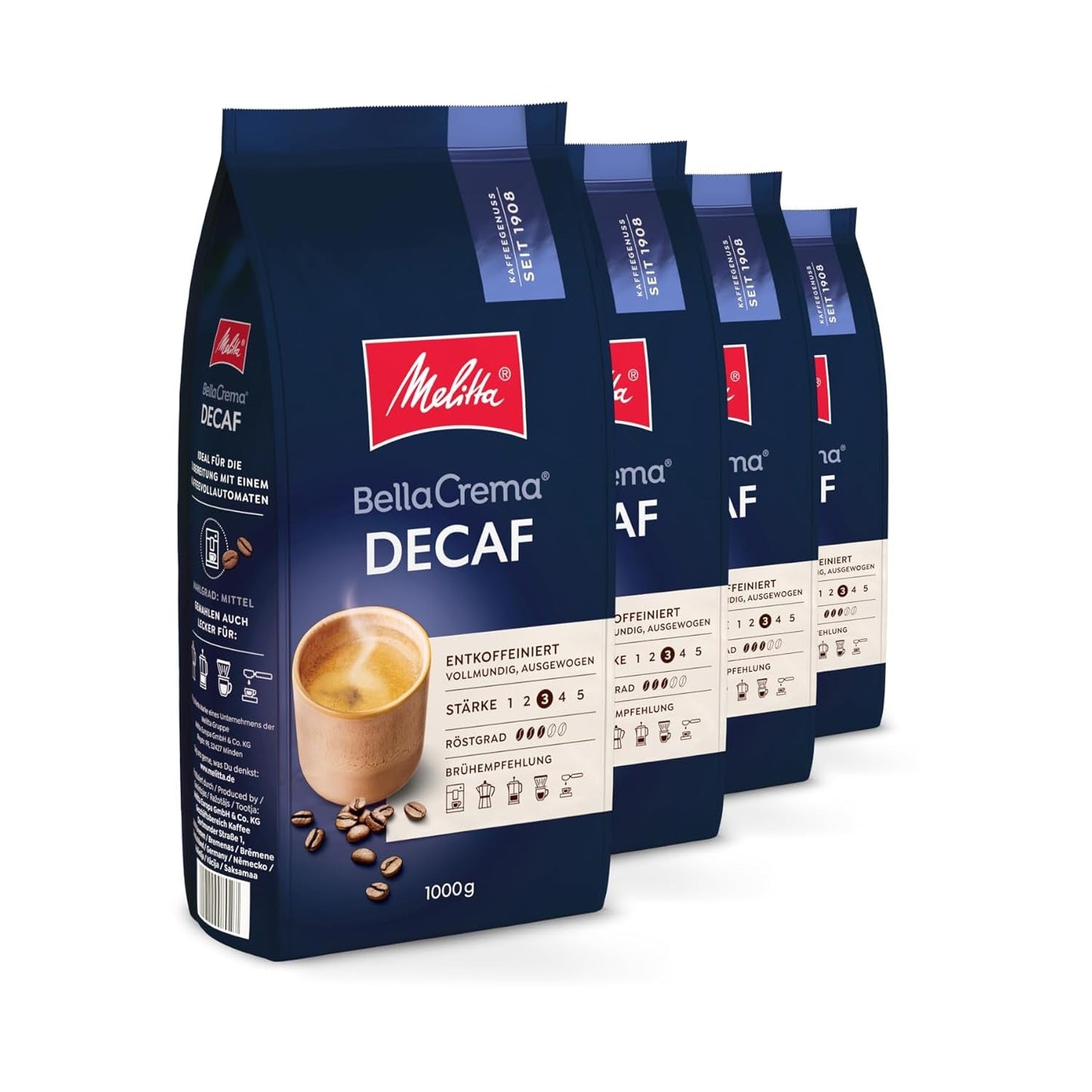 Melitta BellaCrema entkoffeinierte Kaffeebohnen, 4 x 1 kg, ungemahlene Kaffeebohnen für Kaffeevollautomaten, entkoffeinierte leichte Röstung, deutsche Röstung, Stärke 3