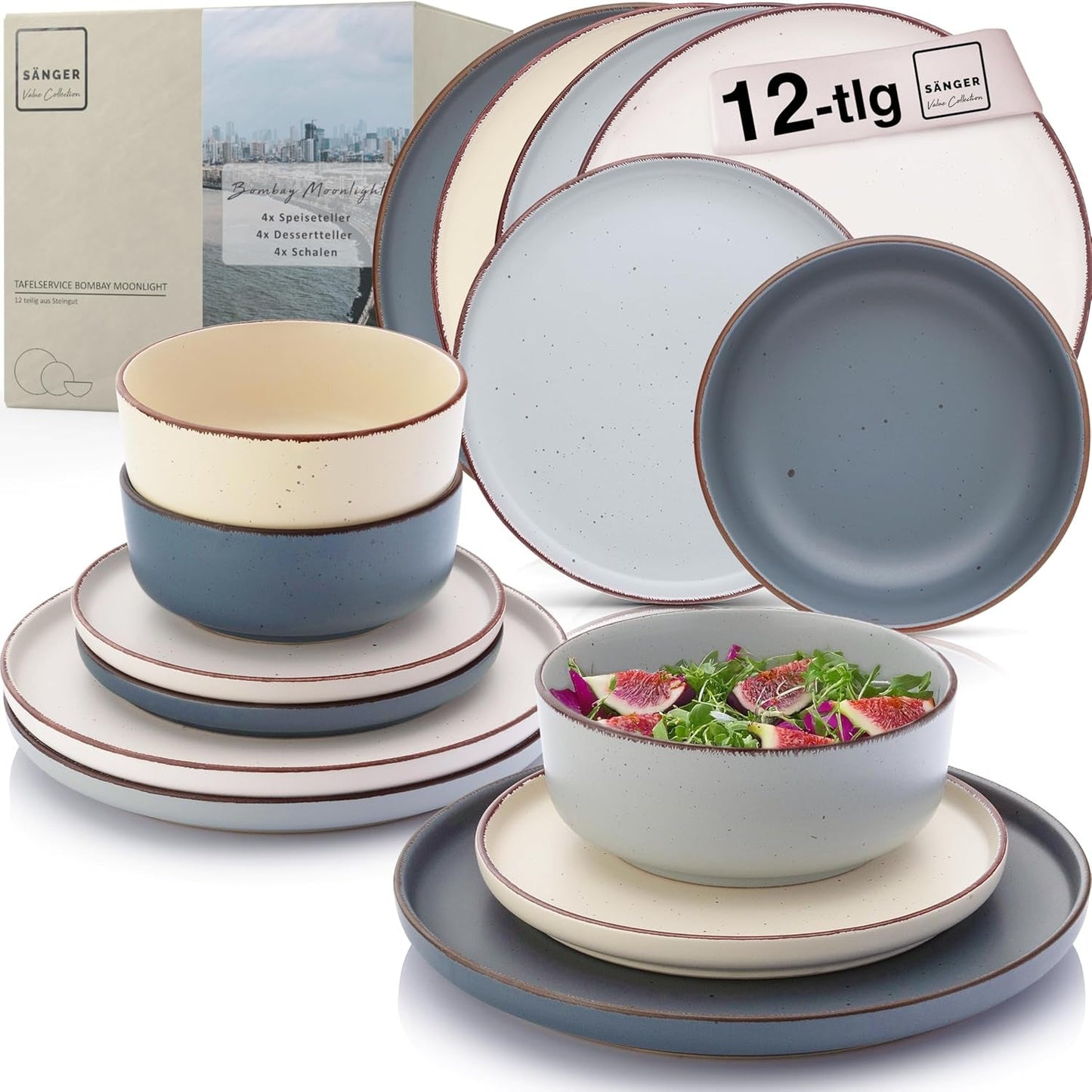 SÄNGER Bombay Moonlight | 12-teiliges Keramik-Geschirrset für 4 Personen, 4 Speiseteller, 4 Dessertteller, 4 Schüsseln, verschiedene Farben | DIE VALUE-KOLLEKTION