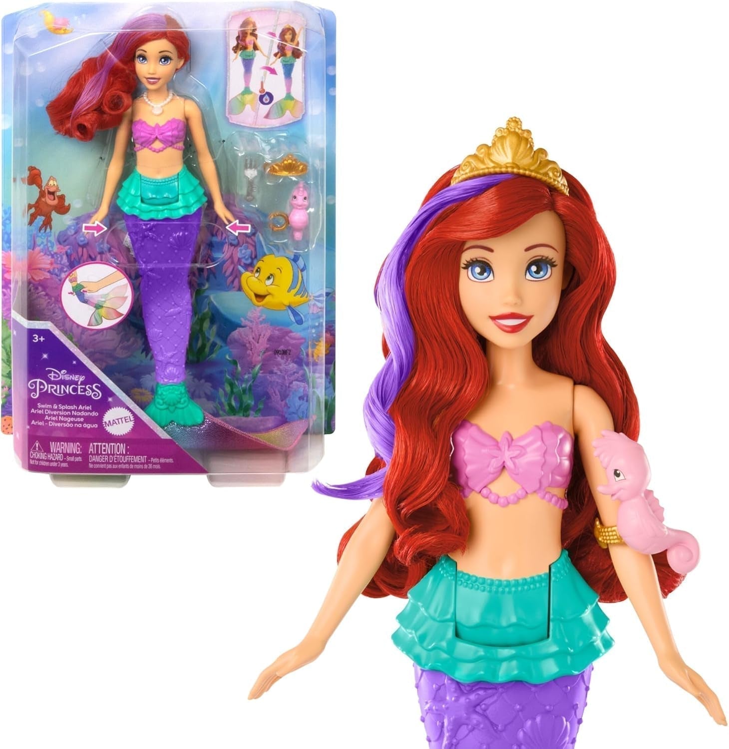 Mattel Disney Princess Toys, Make-up-Muschel Meerjungfrau Arielle Modepuppe mit abnehmbarem Schwanz, Schminktisch mit 5 wiederholbaren Pop-Up-Überraschungen und 5 Zubehörteilen, JBF86 Naty Shop Ariel-Puppen