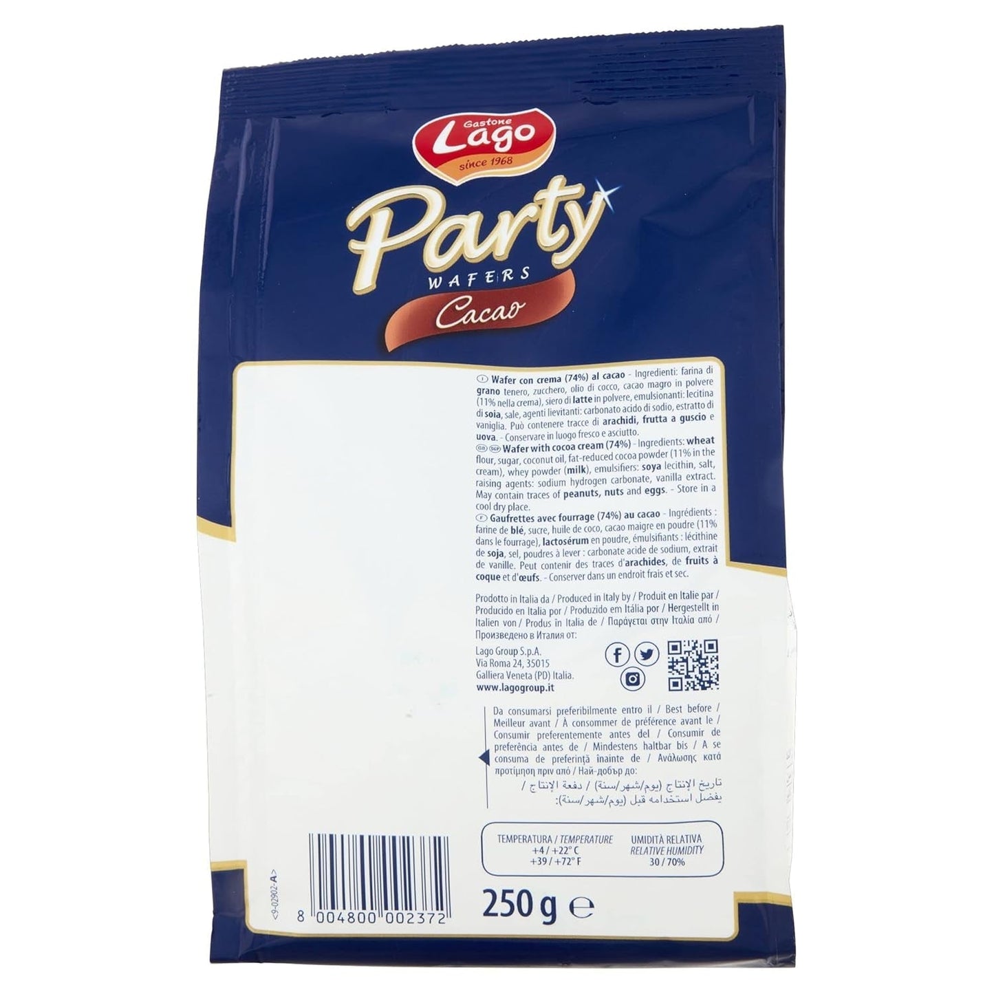 Kakao für Partys 250 g, Waffel mit Kakaocreme, 74 % Mit 5 Waffelschichten und einer samtigen Schokoladencreme