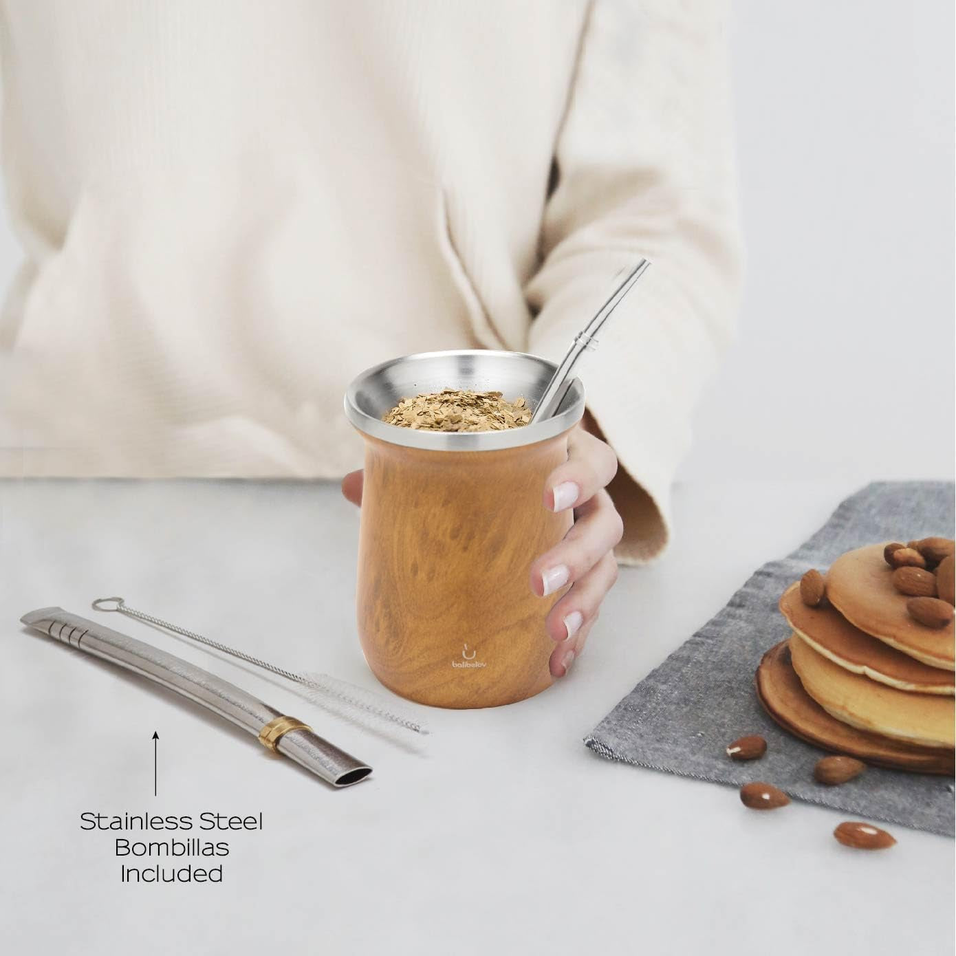 Yerba Mate Balibetov-Teeset (Mate-Tasse) aus Edelstahl mit Bombilla (Strohhalm) für Mate, leicht zu reinigen und sehr langlebig Yerba Mate-Set (HOLZ)