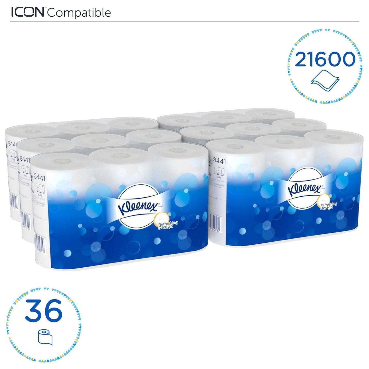 Kleenex Standard Roll 8441 Toilettenpapier – 2-lagiges Toilettenpapier – 6 Packungen mit je 6 Rollen x 600 Blatt, weiß (36 Rollen/21.600 Blatt insgesamt)