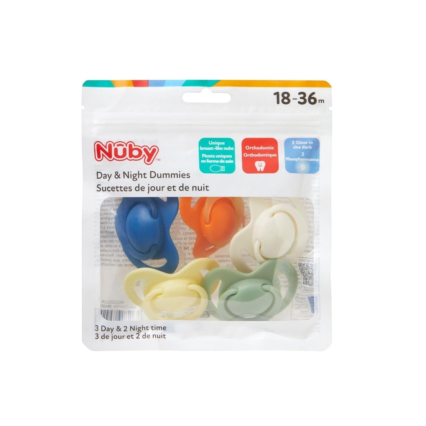 Nuby – Set mit 5 kieferorthopädischen Schnullern und Schnullern aus weichem Silikon | 3 Modelle für Tag und Nacht | 2 Modelle, die im Dunkeln leuchten | BPA-frei | Brustähnliche Form | Für 18-36 Monate