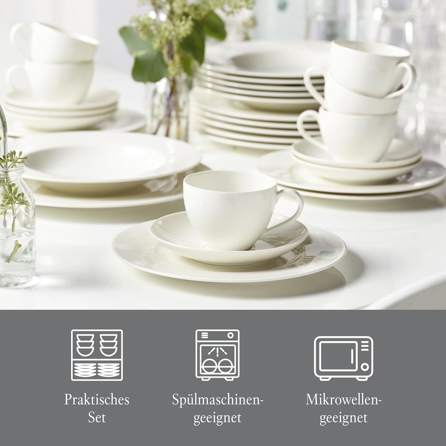 vivo - Villeroy & Boch Group - Basic White 30-teiliges Geschirrset, spülmaschinen- und mikrowellengeeignet, weißes Geschirrset, Kaffeeset, Keramik, Teller, Tassen, Premium-Porzellan