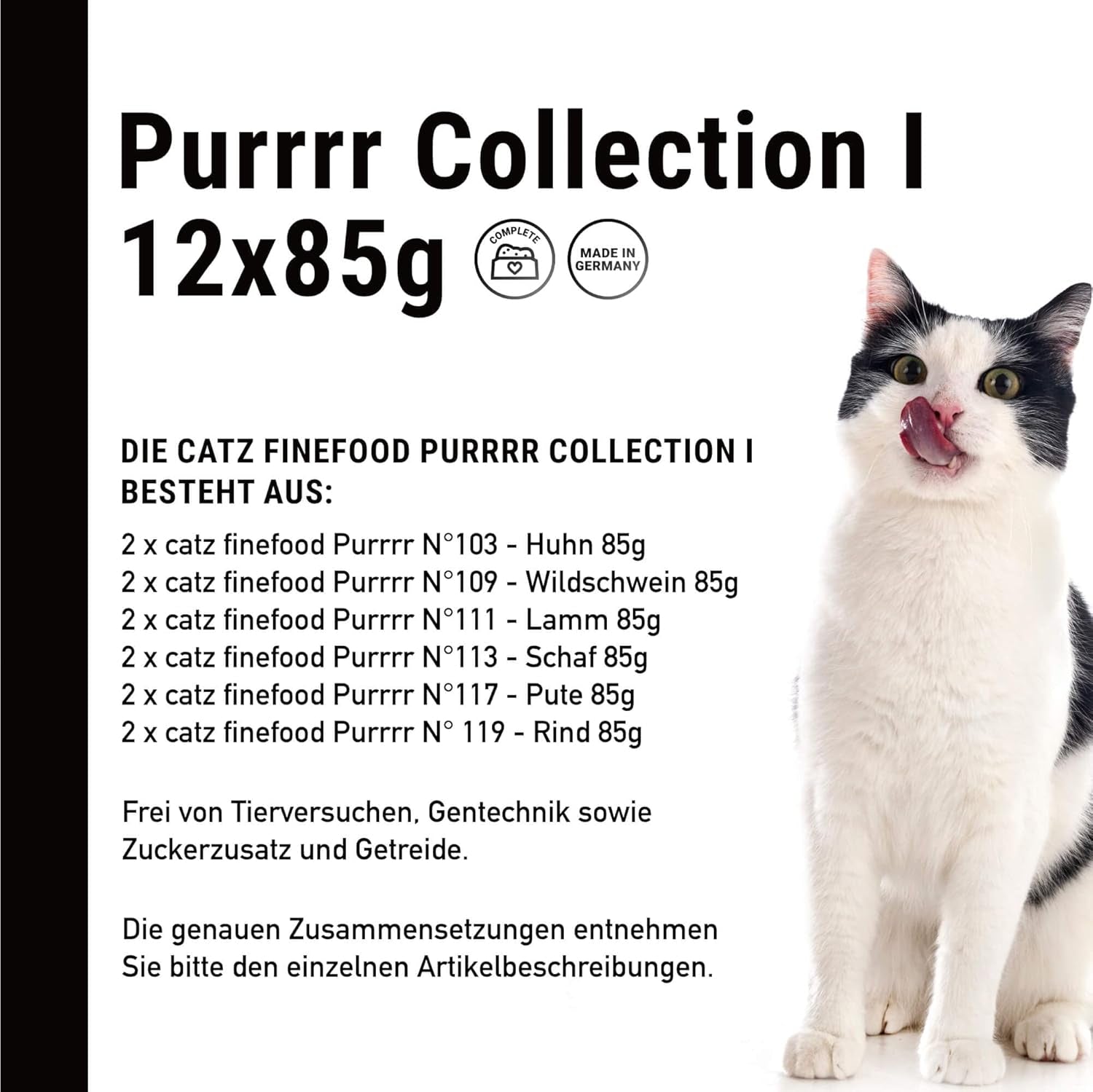 Catz Finefood Purrrr Collection I – Monoprotein-Nassfutter für Katzen – getreidefrei, zuckerfrei, hypoallergen – hoher Fleischanteil – Nassfutter für Katzen im Multipack – in Beuteln, 85 g (12 Packungen)
