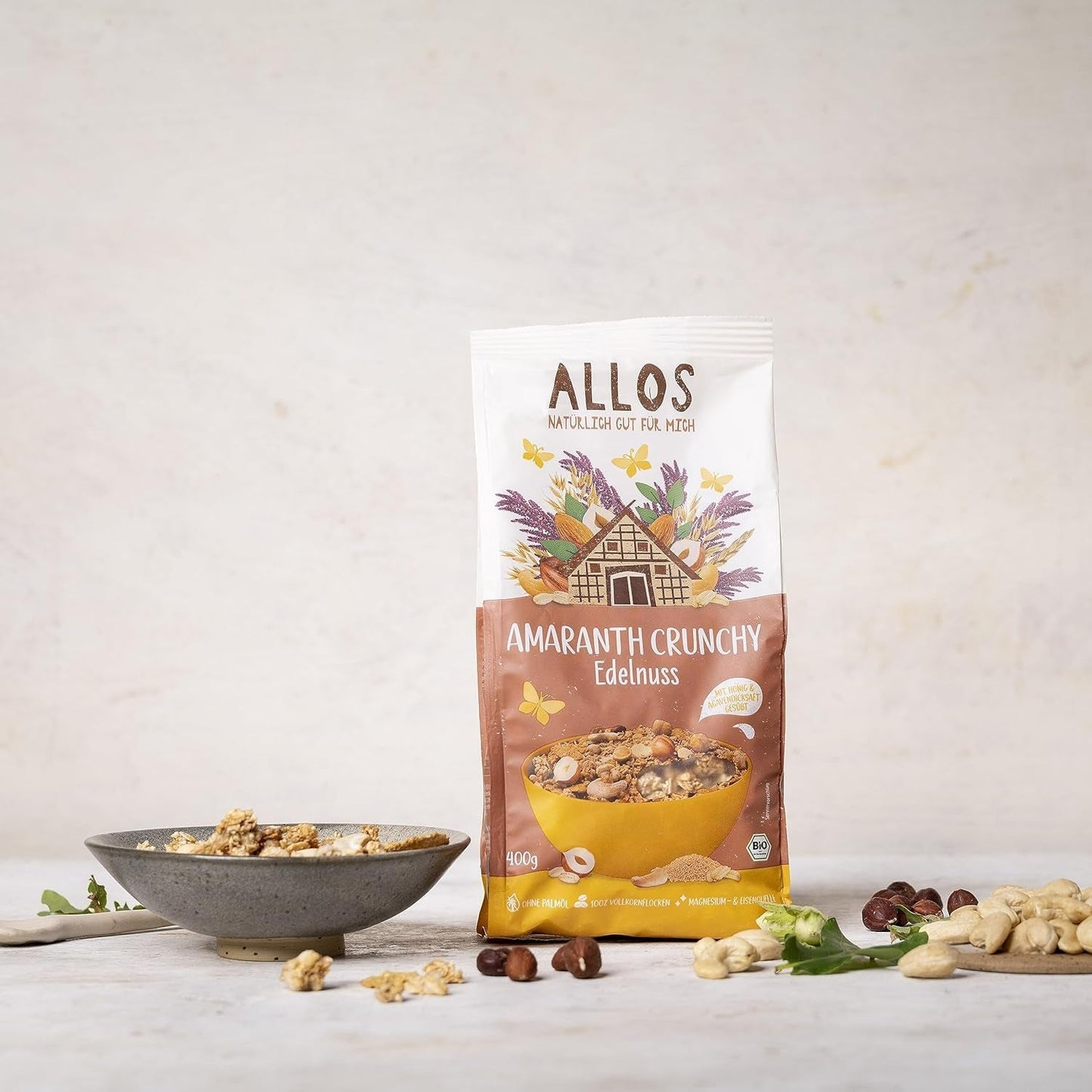 Premium-Knuspermüsli mit Walnüssen und Amaranth Allos | Bio-Müsli | Müsli mit Nüssen | Haferflocken | Müsli zum Frühstück | Vegan | 6er-Pack (6 x 400 g)