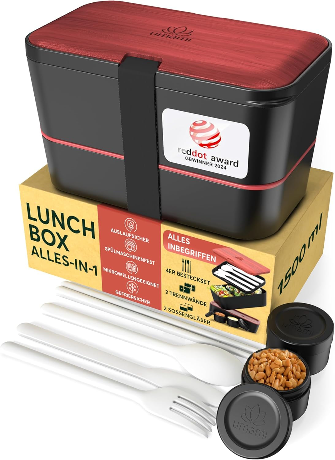 Umami-Lunchbox für Erwachsene, 4 Besteckteile und Fächer, auslaufsichere, stapelbare Bento-Box, Lunchbox für Erwachsene, To-go-Salatbehälter, Picknick-/Schreibtisch-Lunchbox, Anthrazitgrau, 1500 ml. Naty Shop Frischhalteboxen Black Rosewood L – 1500 ml, ineinander stapelbar
