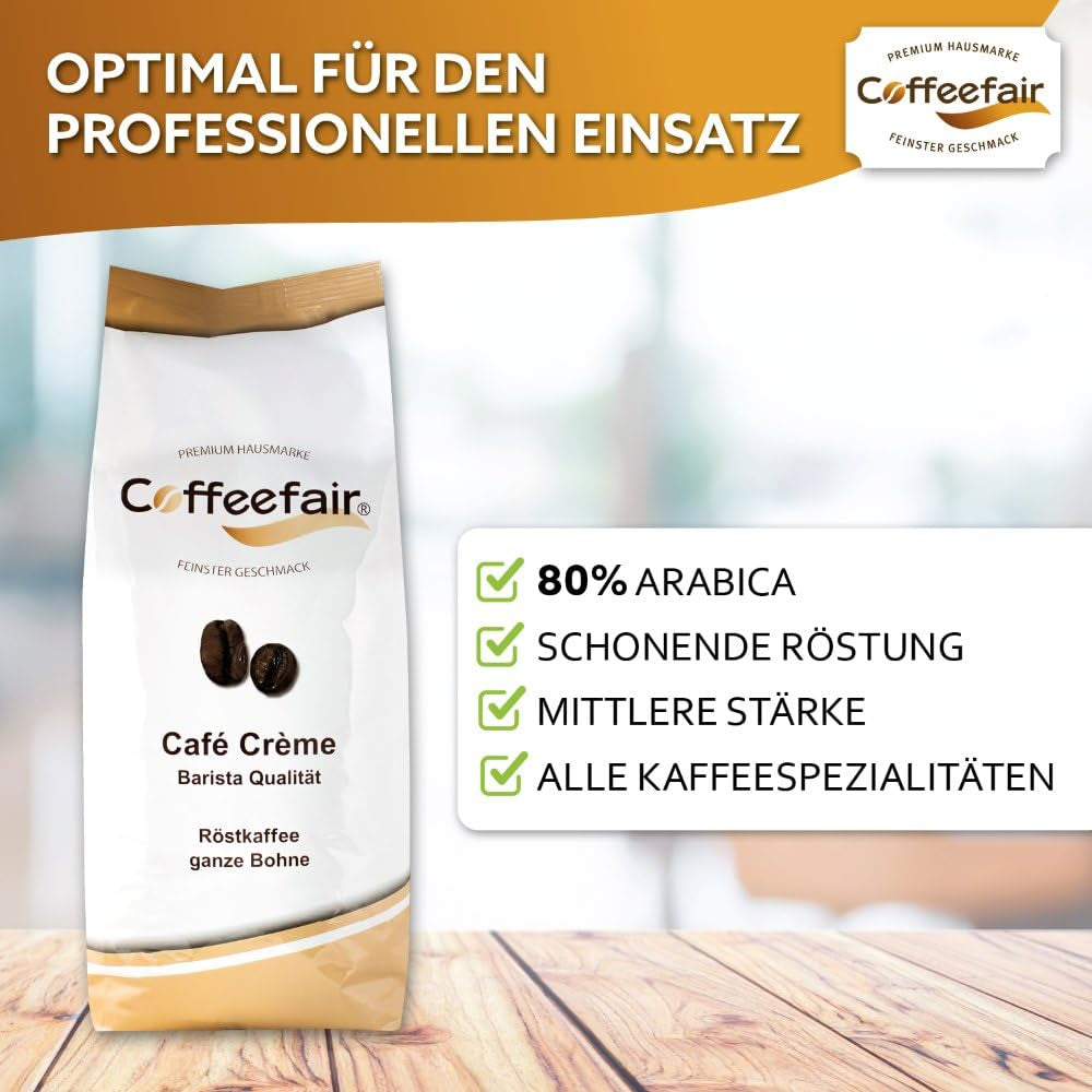 Coffeefair Cafe Creme Kaffeebohnen in Barista-Qualität – 1 kg für Kaffeevollautomaten, Mischbohne für Kaffee oder Espresso verwendbar, schonende Trommelröstung