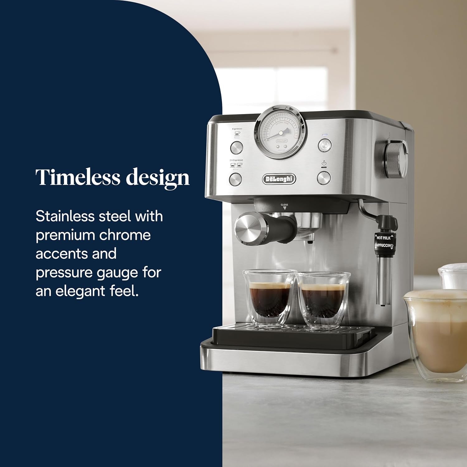 De'Longhi Classic EM450.M Siebträger-Espressomaschine mit professionellem Milchaufschäumer, Vollmetallgehäuse, 15 bar, 1,7 l Wassertank, Edelstahl/Metall