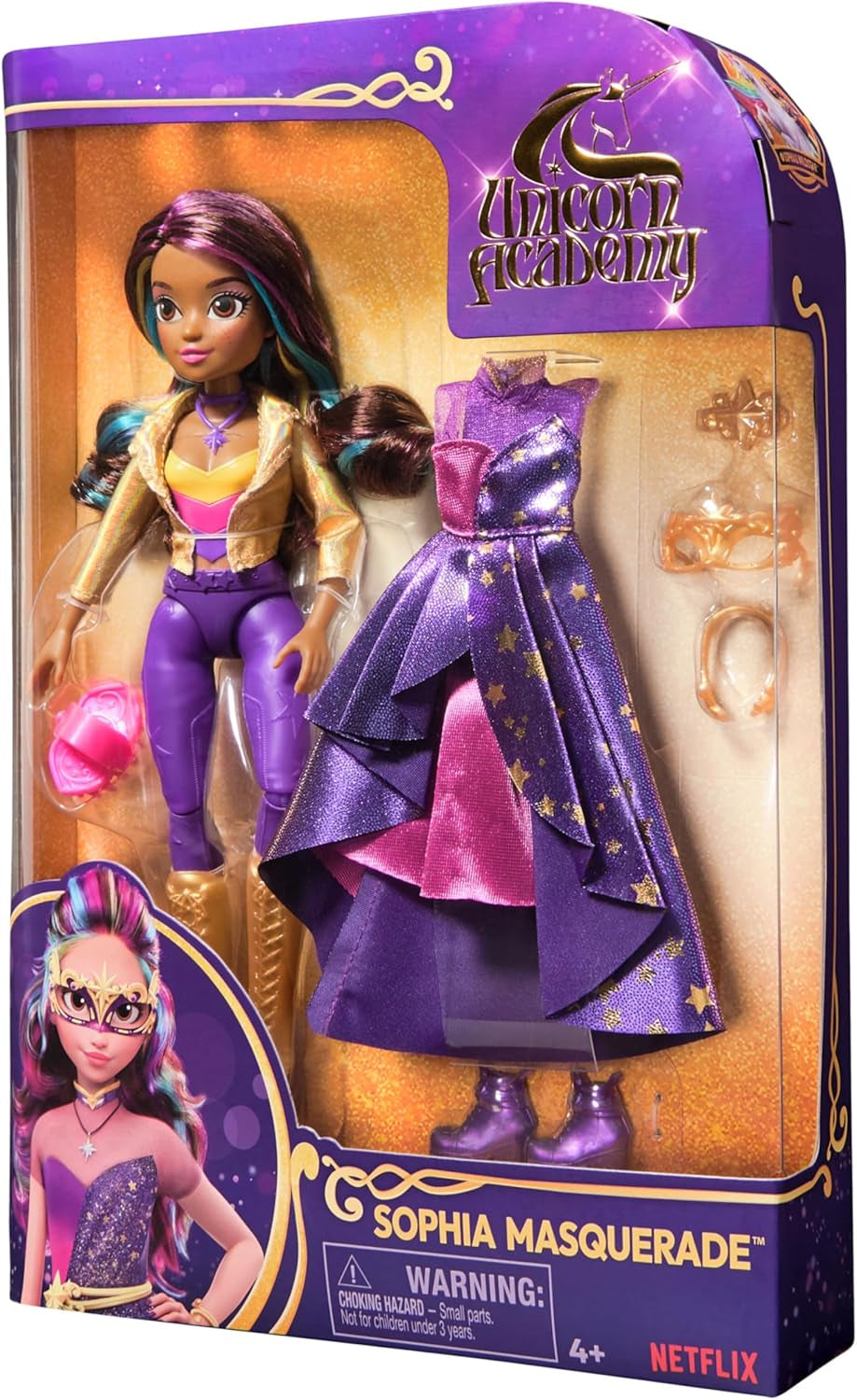 Unicorn Academy Deluxe Maskenball Sophia – 24 cm große Puppe aus der beliebten Netflix-Serie mit 2 Outfits, klassischer Verkleidung und Rollenspiel, ab 4 Jahren Naty Shop Dolls