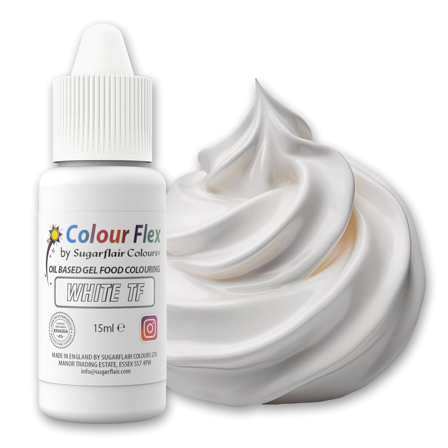 Sugarflair Colourflex Weiße Lebensmittelfarbe auf Ölbasis, hochkonzentrierte flüssige Lebensmittelfarbe, Lebensmittelfarbe für Buttercreme, Schokolade, Teig, Fondant, Zuckerguss und mehr – 15 ml