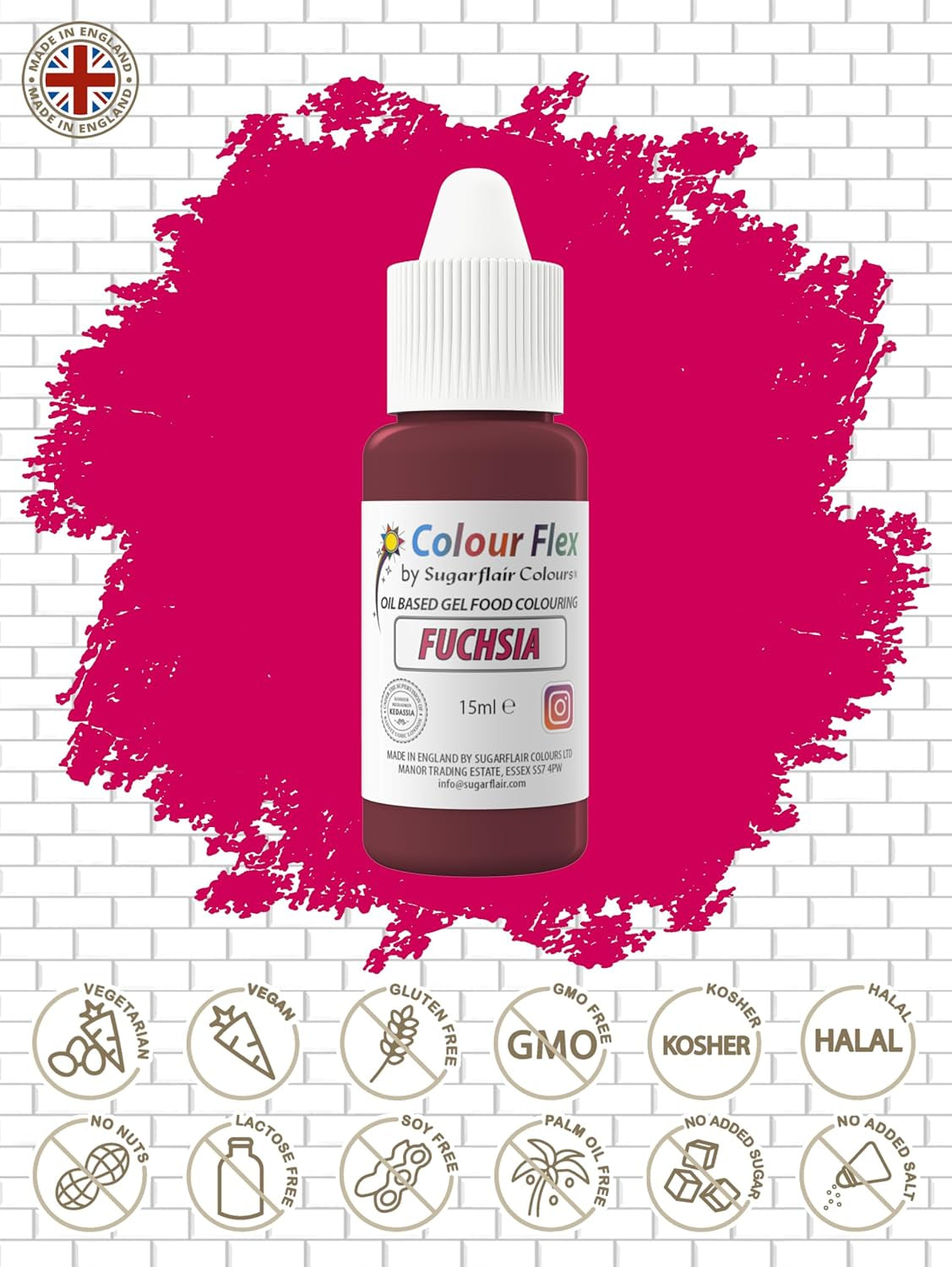 Sugarflair Colourflex Fuchsia Lebensmittelfarbe auf Ölbasis, hochkonzentrierte flüssige Lebensmittelfarbe, Lebensmittelfarbe für Buttercreme, Schokolade, Teig, Fondant, Zuckerguss und mehr – 15 ml
