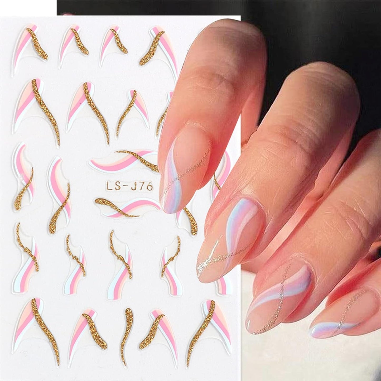 JMEOWIO Nagelsticker Französische Spitze 9 Blatt Nail Art Sticker Selbstklebend Nagelaufkleber Glitzer Wellenlinie Dekoration Nageldesign Zubehör