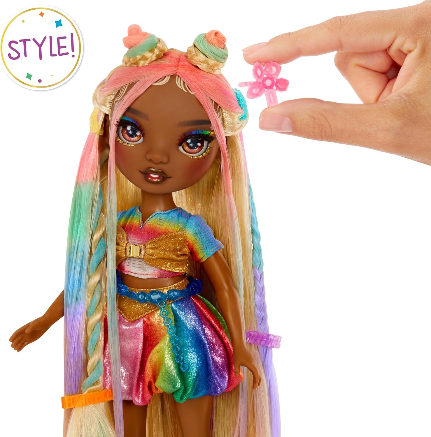 Rainbow High Haarkreide- und Styling-Puppe – Meline – 28 cm große waschbare Haarkreidepuppe in Regenbogen- und Goldtönen, zum Färben, Stylen, Spielen, Ausspülen und Wiederholen, für Kinder im Alter von 4–12 Jahren