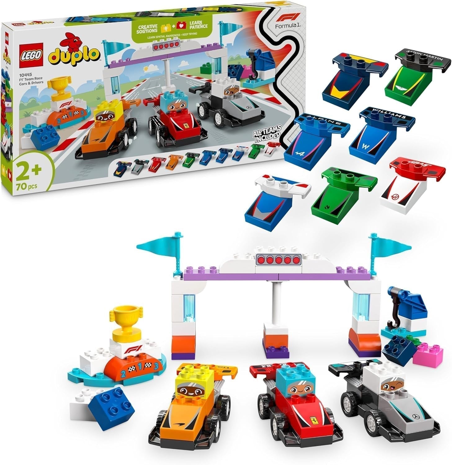 LEGO DUPLO Town F1 Team Rennwagen mit Rennfahrern, Bauspielzeug für die ganze Familie, fantasievolles Spielerlebnis, Geburtstagsgeschenk für Kleinkinder, Jungen und Mädchen ab 2 Jahren 10445 Bausets Besuche den LEGO-Store Standardtitel