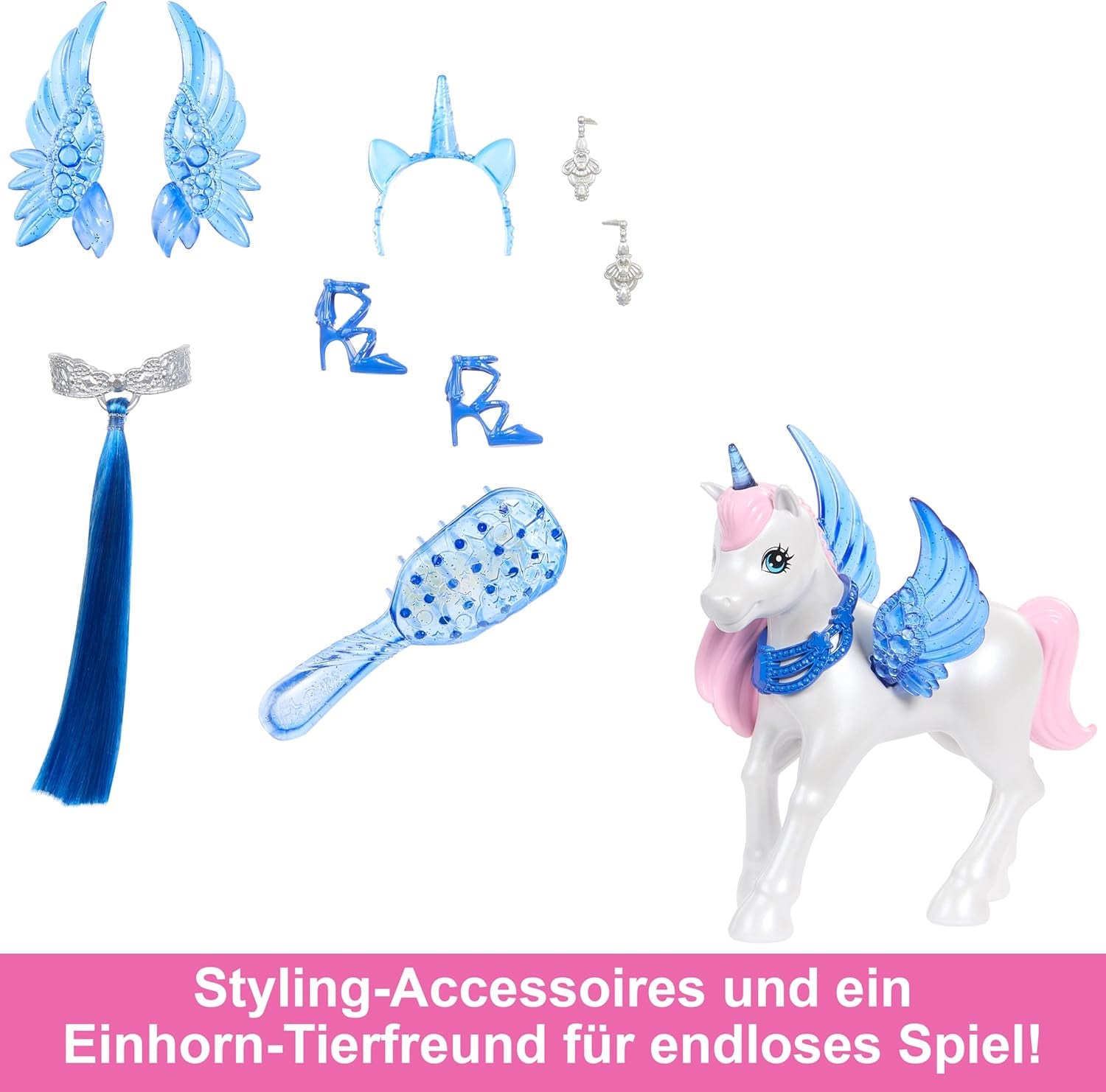 Barbie Hidden Magic – Einhorn-Puppe, rosa Kleid mit saphirblauen Details, Einhorn-Stirnband, abnehmbare Saphir-Flügel und Schwanz, ab 3 Jahren, HRR16