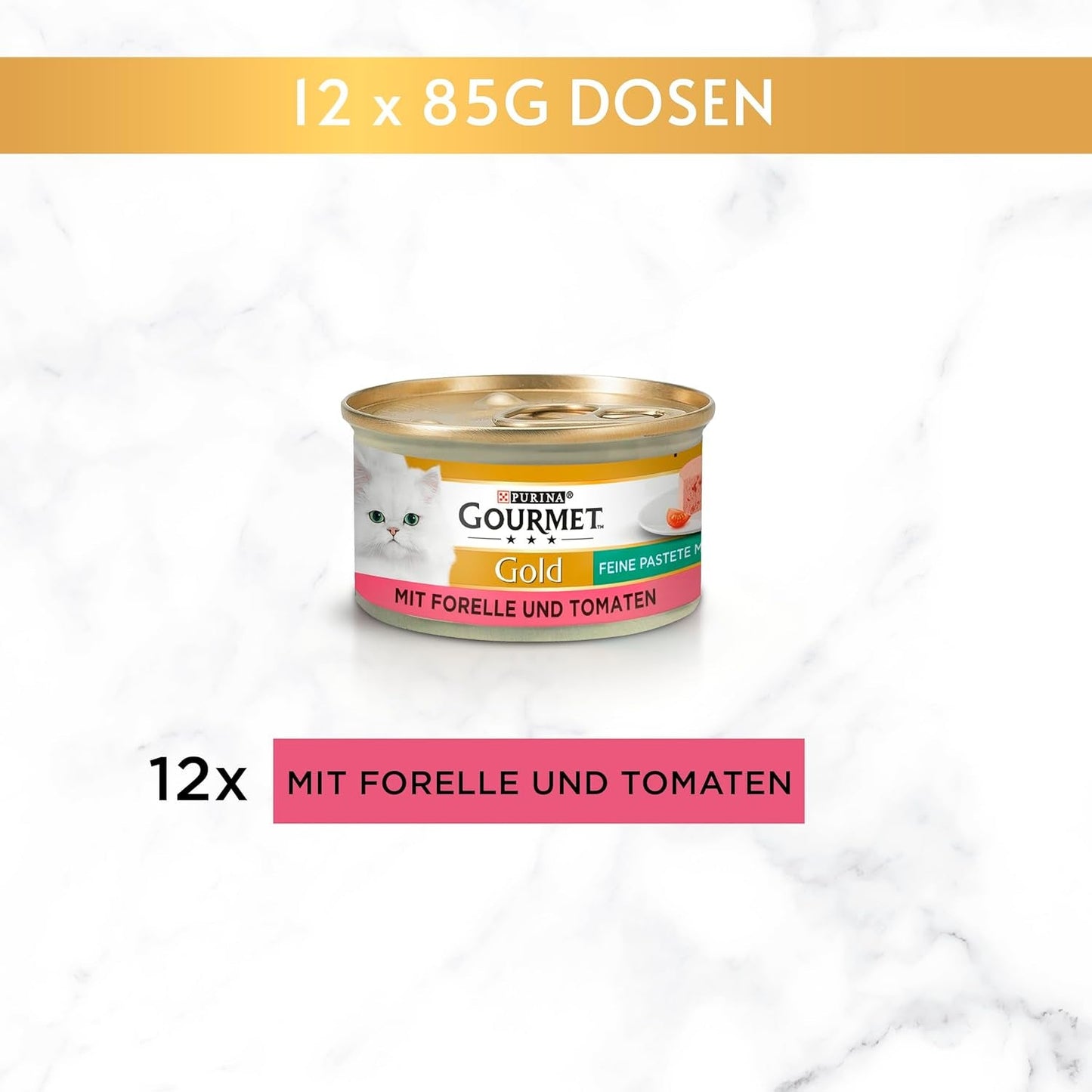Fine Pate Gourmet Gold mit Gemüse, Nassfutter für Katzen mit Forelle und Tomate, 12er Pack (12 x 85g)