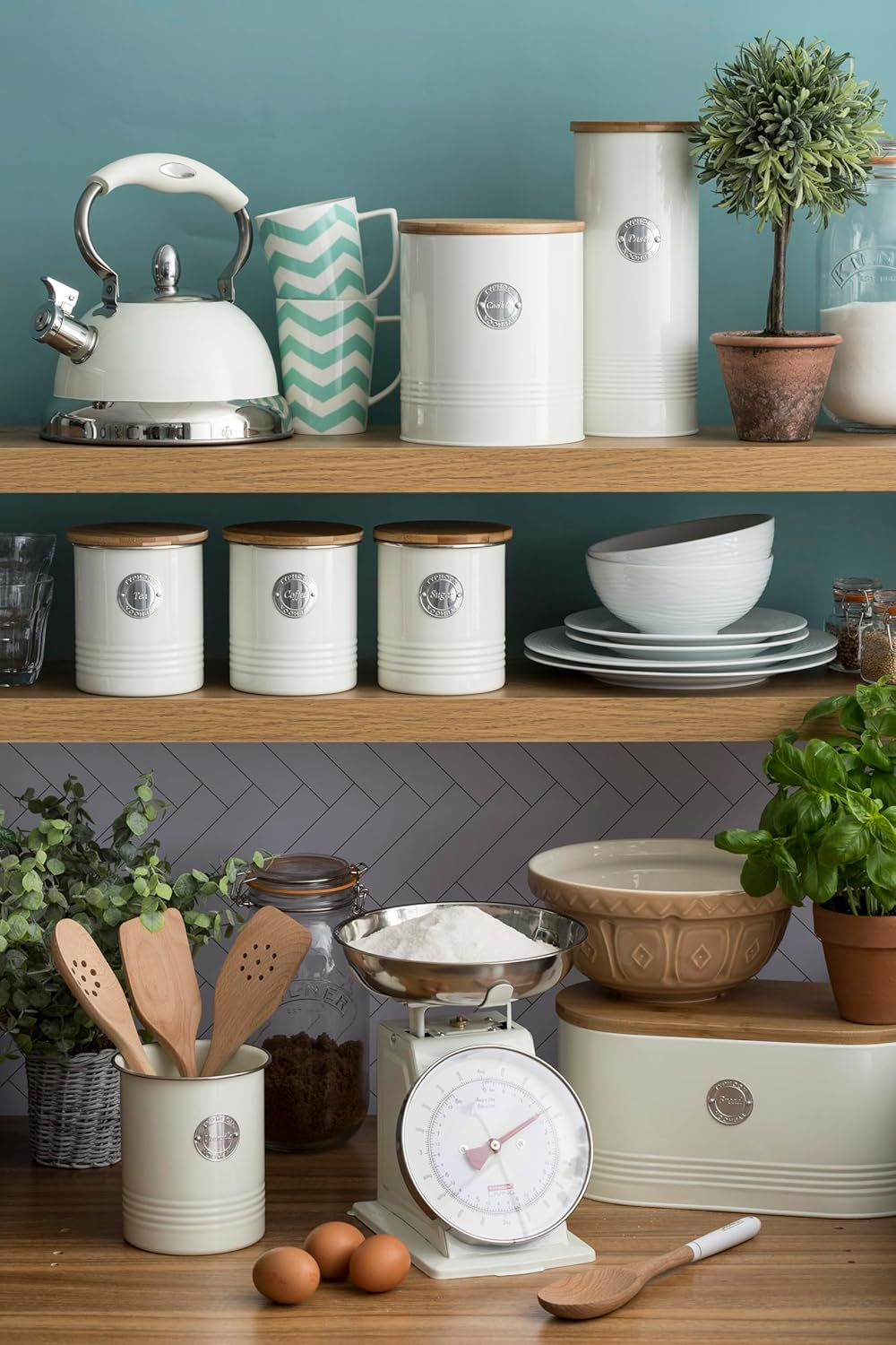, Brotkorb „Living“ aus Edelstahl, cremefarben, mit Bambusdeckel, cremefarbene Aufbewahrungsboxen für Lebensmittel von Naty Shop