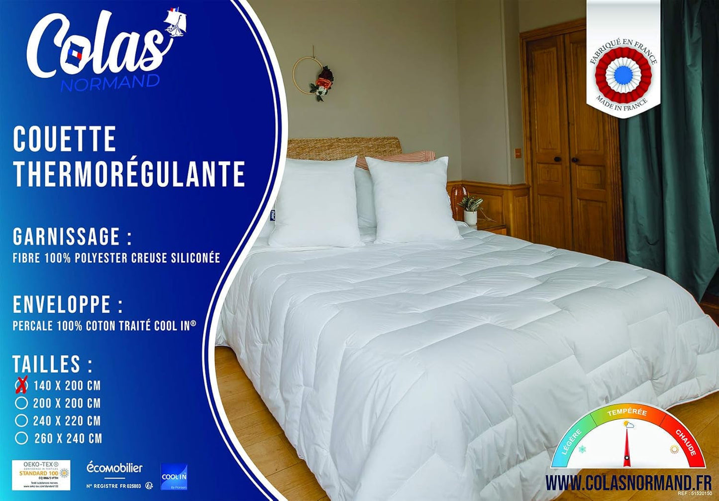 COLAS NORMAND Thermoregulierende Steppdecke, Cool In, Temperiert, 140 x 200 cm, Schweiß, optimale Belüftung, 100 % Perkal, Fresh Feel, Französisch, 53130255, Weiß Steppdecken und Steppdecken Naty Shop