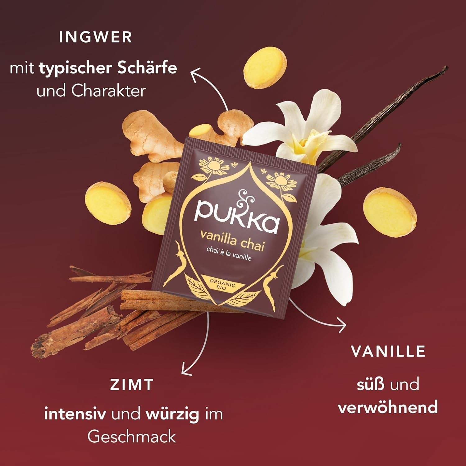 Pukka | Mischung aus aromatisierten Bio-Tees „Vanilla Chai“ | Zimt, Ingwer und Vanille | Tee zum Genuss mit natürlicher Süße | 1 Stück | 20 Teebeutel