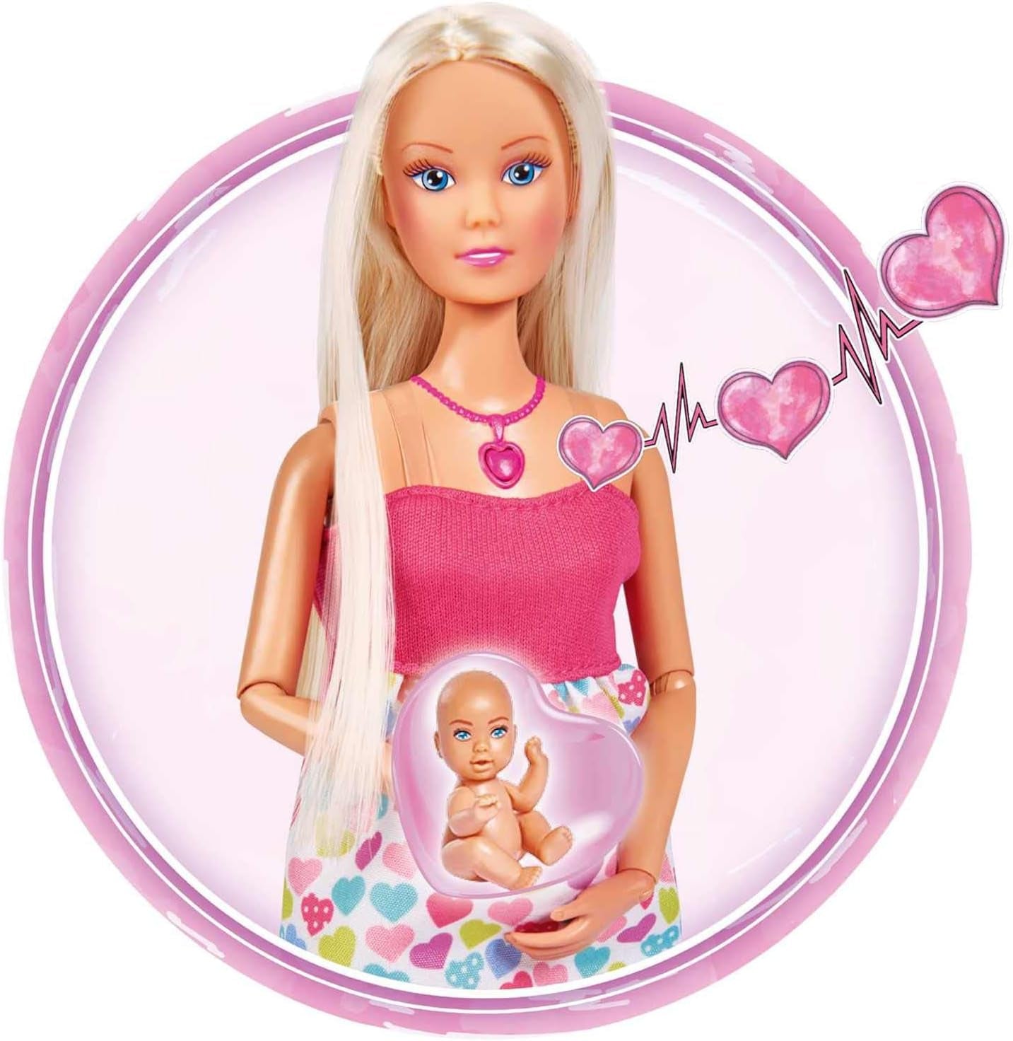 Simba 105733480 – Steffi Love Babyrucksack, schwangere Puppe mit Baby und tollen Geräuschen, Babyzubehör und Babytrage, rosa Naty Shop Dolls