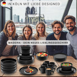 SÄNGER Madeira | 24-teiliges Kombi-Geschirrset, Steinzeug-Geschirrset für 6 Personen, 6 Speiseteller, 6 Frühstücksteller, 6 Speiseteller, 6 Nudelschalen, Geschirr- und Schüsselset, Mattschwarz | DIE VALUE-KOLLEKTION