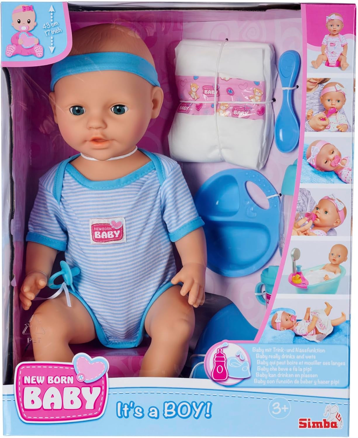 Simba 105030044 – Neugeborene Puppe – Junge, Vollvinylpuppe mit Schlafaugen, Trink- und Benetzungsfunktion und Zubehör, 8 Teile, 43 cm, Babypuppe, ab 3 Jahren