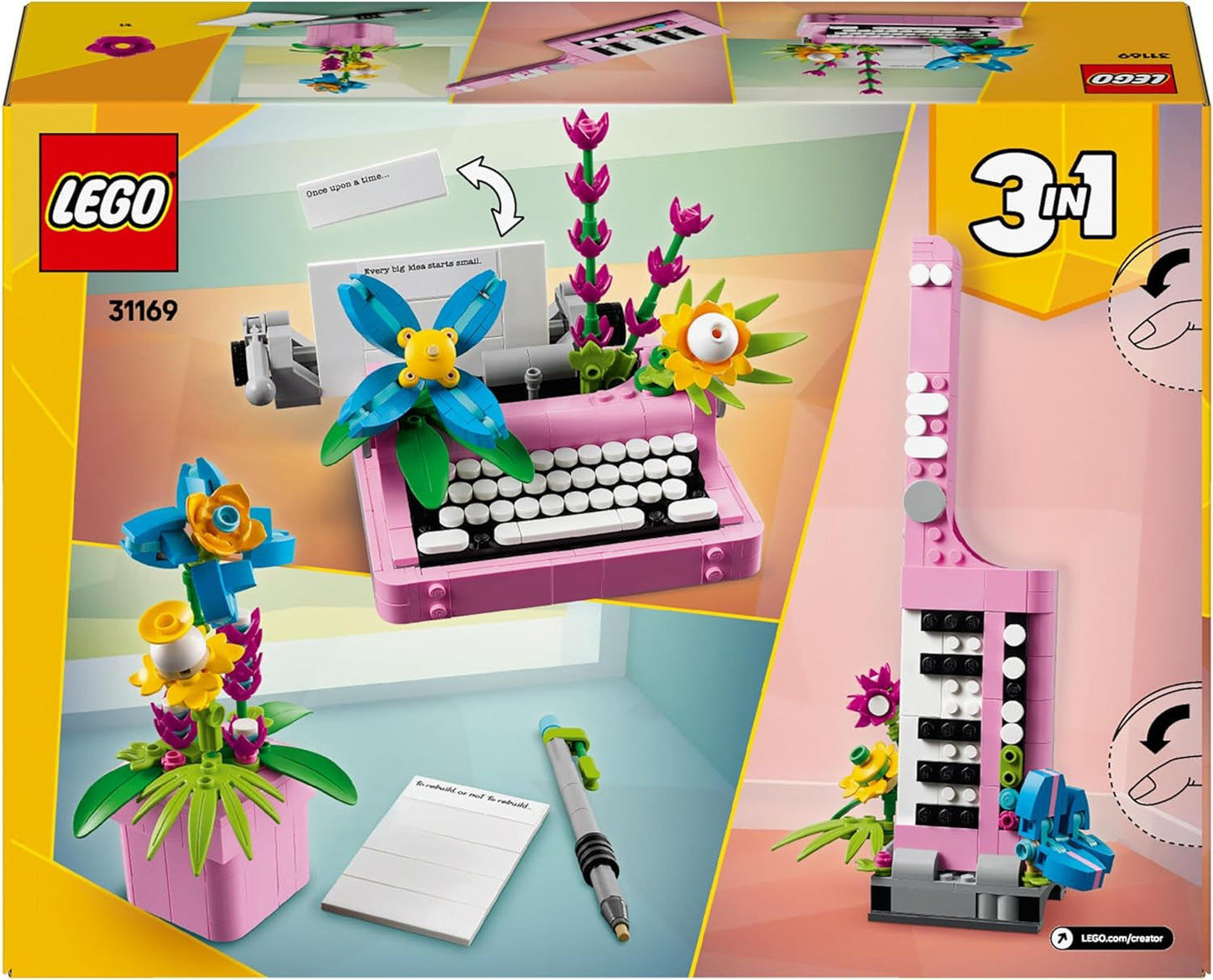 LEGO Creator 3In1 Schreibmaschine mit Blumen – umwandelbares Spielzeug in ein Keytar-Modell oder in einen Blumentopf mit Notizbuch und Stift – Bauset – Geschenk für Mädchen und Jungen ab 8 Jahren 31169 Bausets Besuchen Sie den LEGO-Store