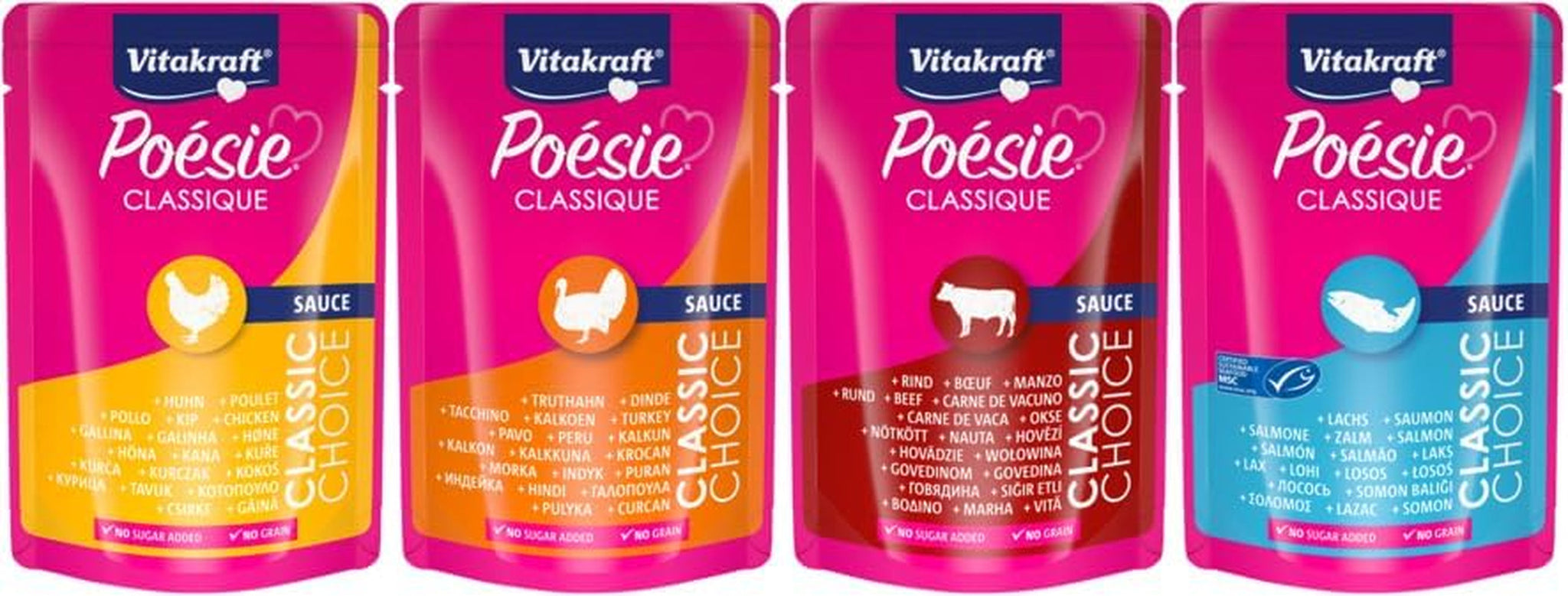 Vitakraft Poésie Classique, Nassfutter für Katzen, Katzenfutter in Soße, mit Huhn, mit Truthahn, mit Rindfleisch, mit Lachs, ohne Zuckerzusatz und Getreide (1 Packung à 12 x 85g)