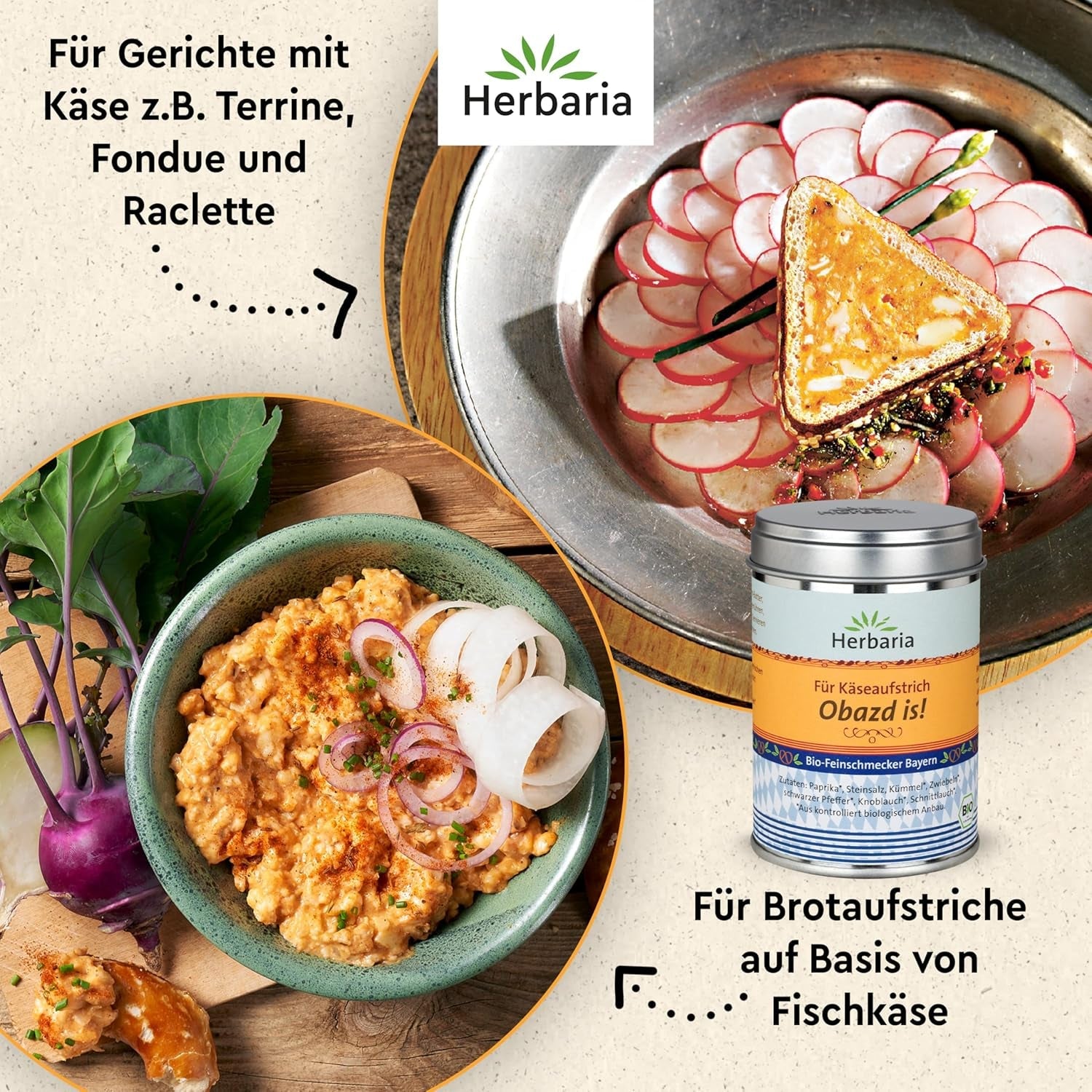 Herbaria Obazd ist! bio 90g M-Dose – Bio-Gewürzmischung bayerischen Biergartenklassiker Obazda – für Brotaufstriche, Käsegerichte, Käsefondue – Raclette Gewürze – in nachhaltiger Aromaschutz-Dose