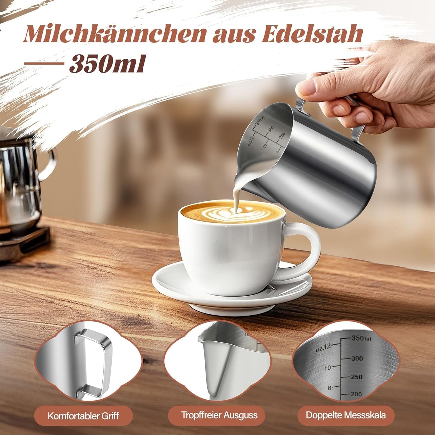Milchbecher, 350 ml, Milchbecher aus Edelstahl mit Messmarkierung, Barista-Zubehör, Milchbecher für Cappuccino, Espresso, Latte Art, Kaffeeliebhaber, Silber, 355 ml