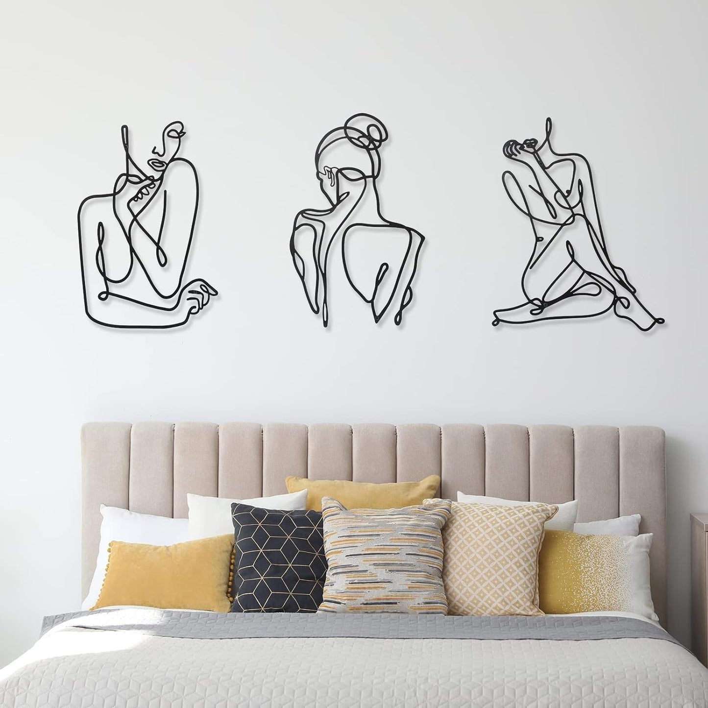 3 Stück minimalistische Frau-Wandkunst aus Metall, moderne Art-Deco-Wandkunst aus Metall, abstrakte Frauenwandkunst, weibliche Einzelstrichzeichnungen zum Aufhängen für das Wohnzimmer (schwarz, modern). Statuetten und Skulpturen Naty Shop