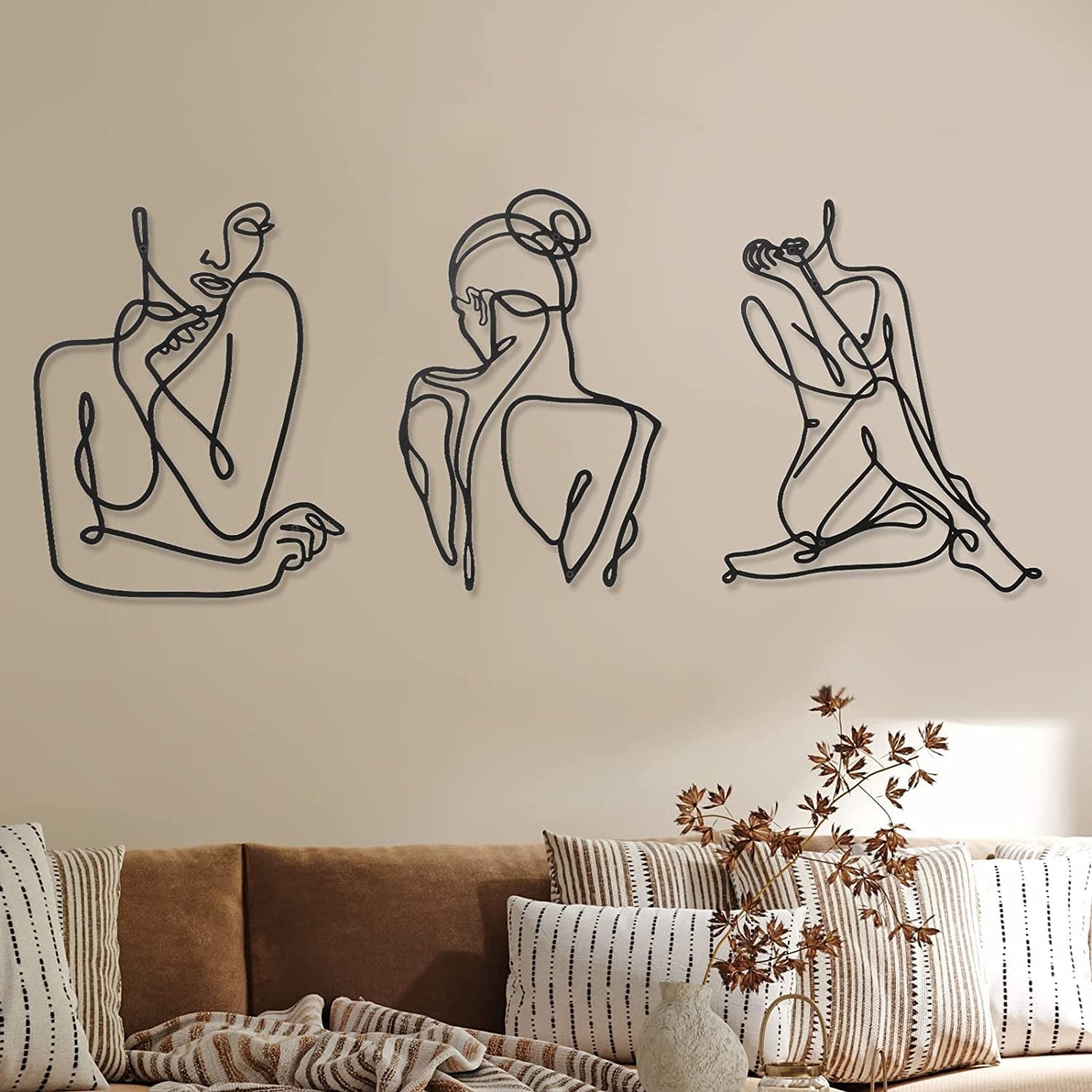 3 Stück minimalistische Frau aus Metall, Wandkunst, Deko, moderne abstrakte Frau, Wandkunst aus Metall, weibliche Einzelstrichzeichnungen zum Aufhängen für das Wohnzimmer (schwarz, modern). Statuetten und Skulpturen, Naty Shop, schwarz, modern