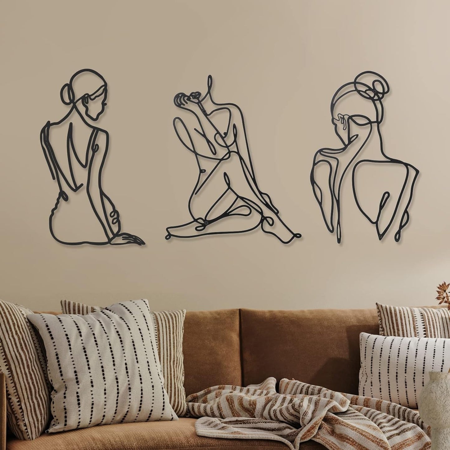 3 Stück minimalistische Frau-Wandkunst aus Metall im Art-Deco-Stil, moderne abstrakte Frau-Wandkunst aus Metall, weibliche Einzelstrichzeichnungen zum Aufhängen für das Wohnzimmer (schwarz, modern). Statuetten und Skulpturen von Naty Shop, Schwarz, 35 L x 29 B cm