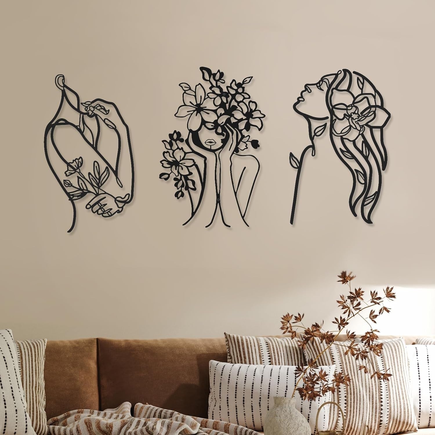 3 Stück minimalistische Frau-Wandkunst aus Metall im Art-Deco-Stil, moderne abstrakte Frau-Wandkunst aus Metall, weibliche Einzelstrichzeichnungen zum Aufhängen für das Wohnzimmer (schwarz, modern). Statuetten und Skulpturen von Naty Shop, elegant, 35 L x 25 B cm