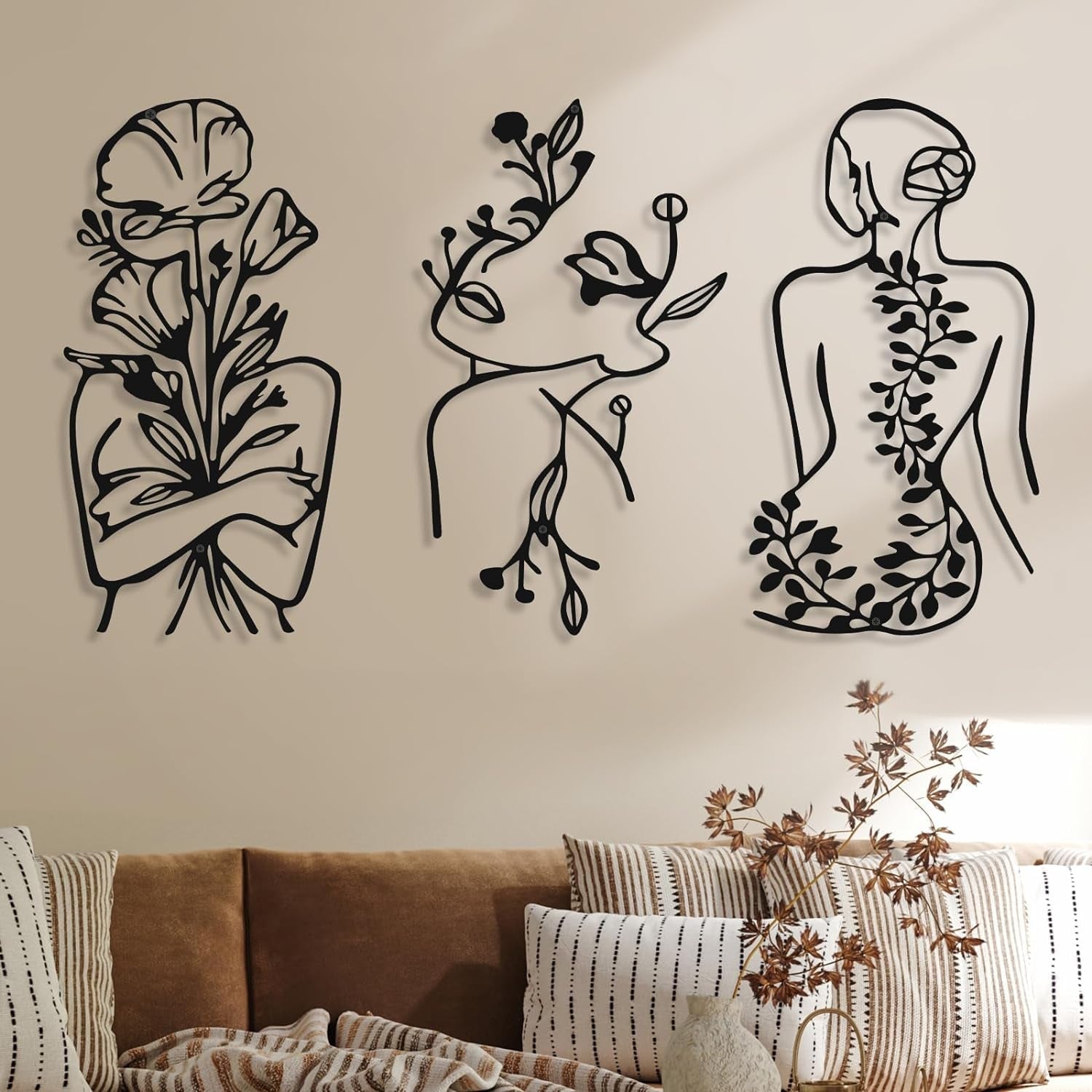 3 Stück minimalistische Frau-Wandkunst aus Metall, moderne Art-Deco-Wandkunst aus Metall, abstrakte Frau-Wandkunst, weibliche Einzelstrichzeichnungen zum Aufhängen für das Wohnzimmer (schwarz, modern). Statuetten und Skulpturen, Naty Shop Black Plant