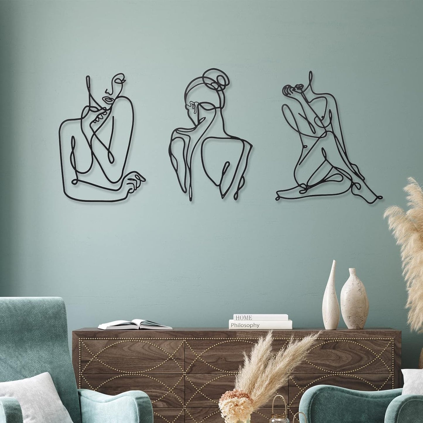 3 Stück minimalistische Frau-Wandkunst aus Metall, moderne Art-Deco-Wandkunst aus Metall, abstrakte Frauenwandkunst, weibliche Einzelstrichzeichnungen zum Aufhängen für das Wohnzimmer (schwarz, modern). Statuetten und Skulpturen Naty Shop